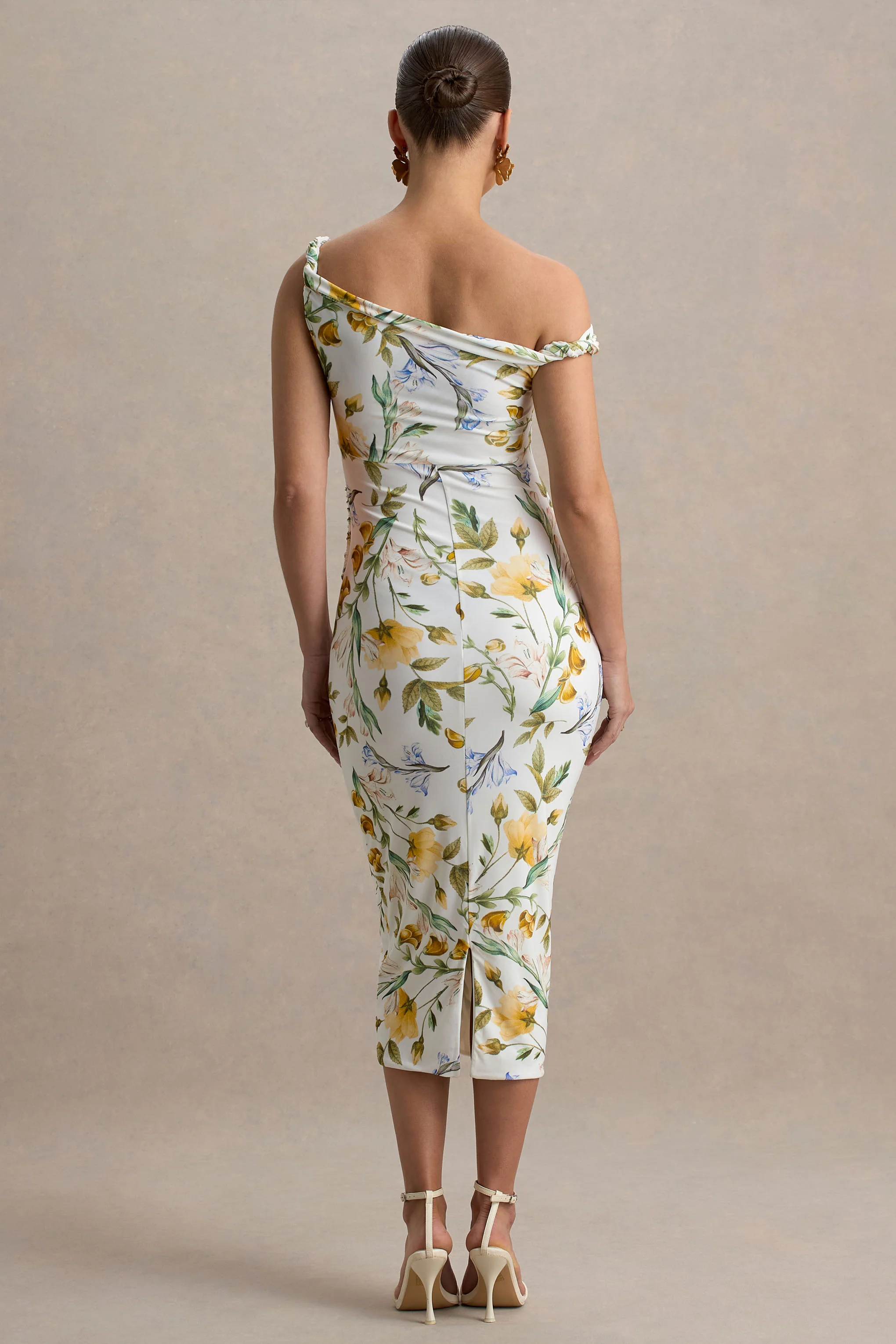 Salome | Lemon Floral Print Twisted Asymmetric Maternity Midi Dress - Image 2