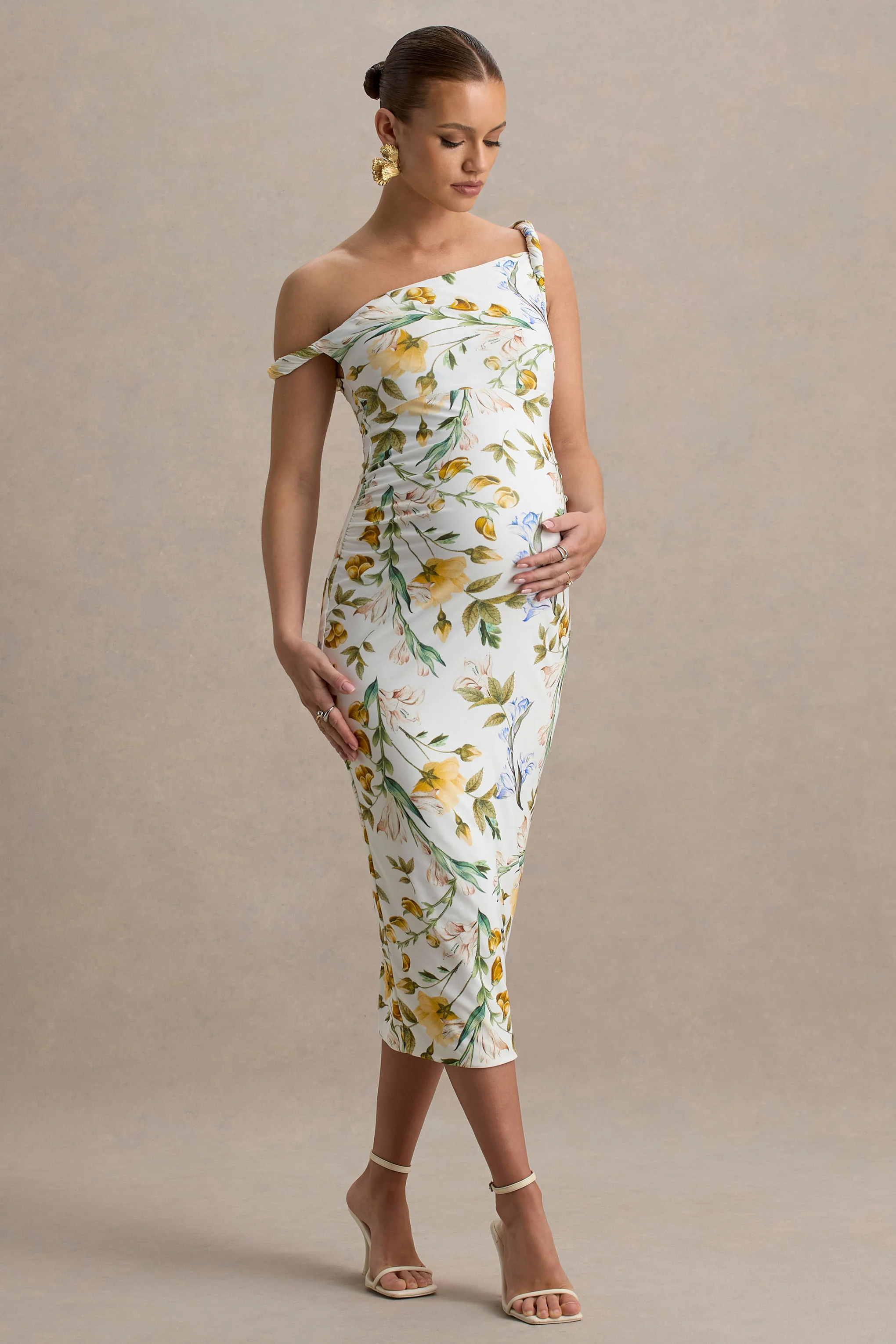 Salome | Lemon Floral Print Twisted Asymmetric Maternity Midi Dress - Image 4