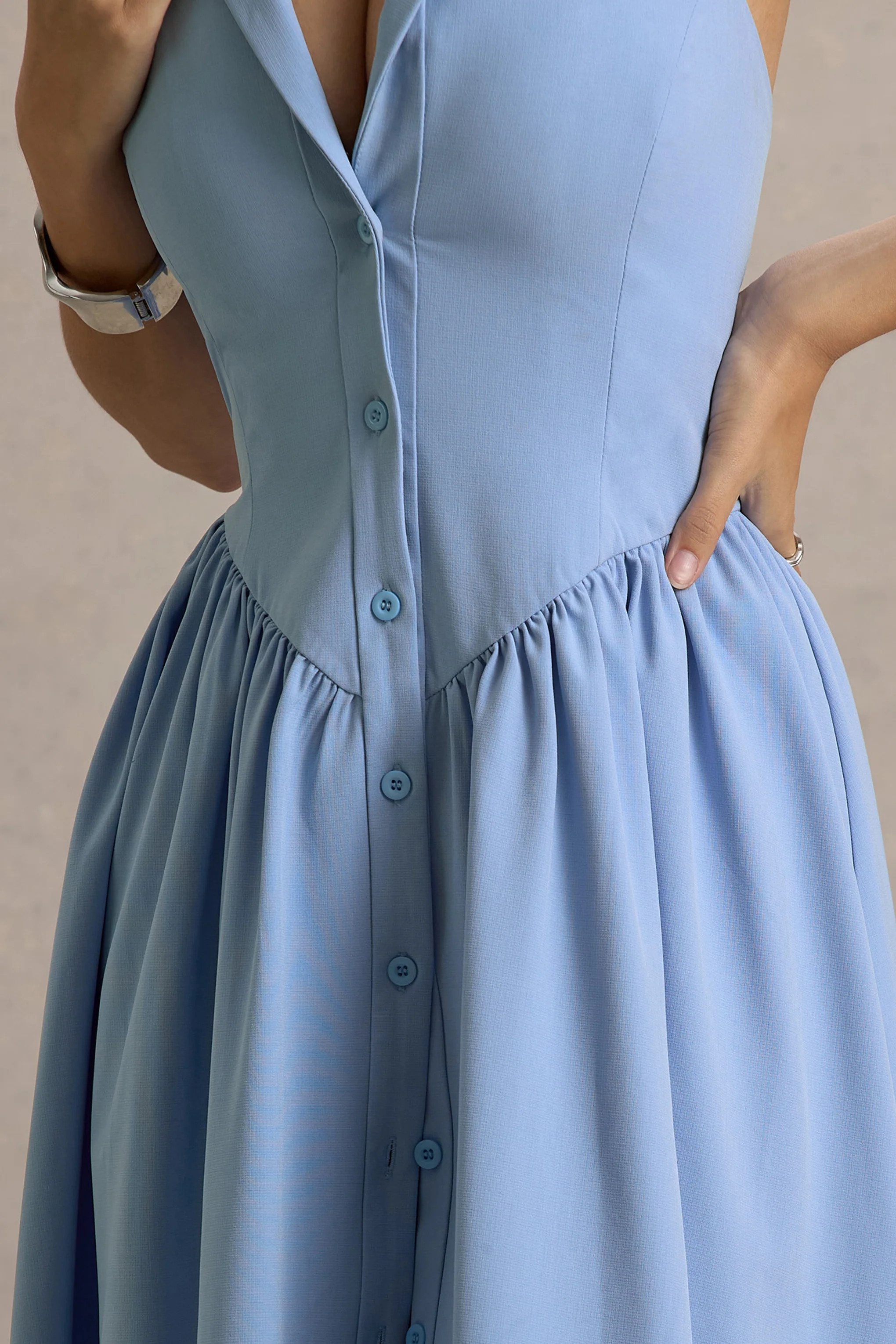 Samsara | Light Blue Plunge-Neck Collared Midi Dress - Image 6