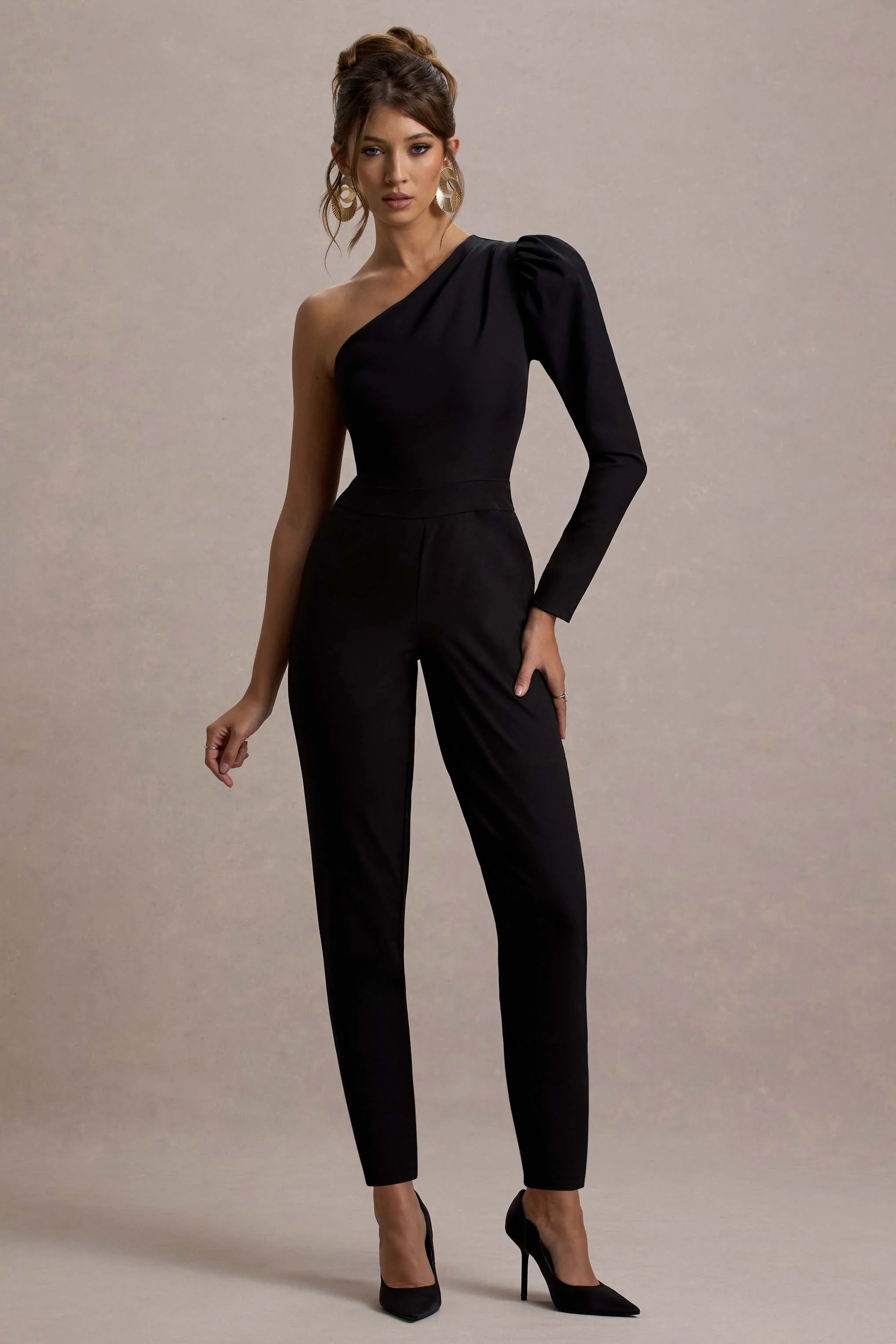 San Jose | Black One-Shoulder Puff-Sleeve Jumpsuit - Image 4