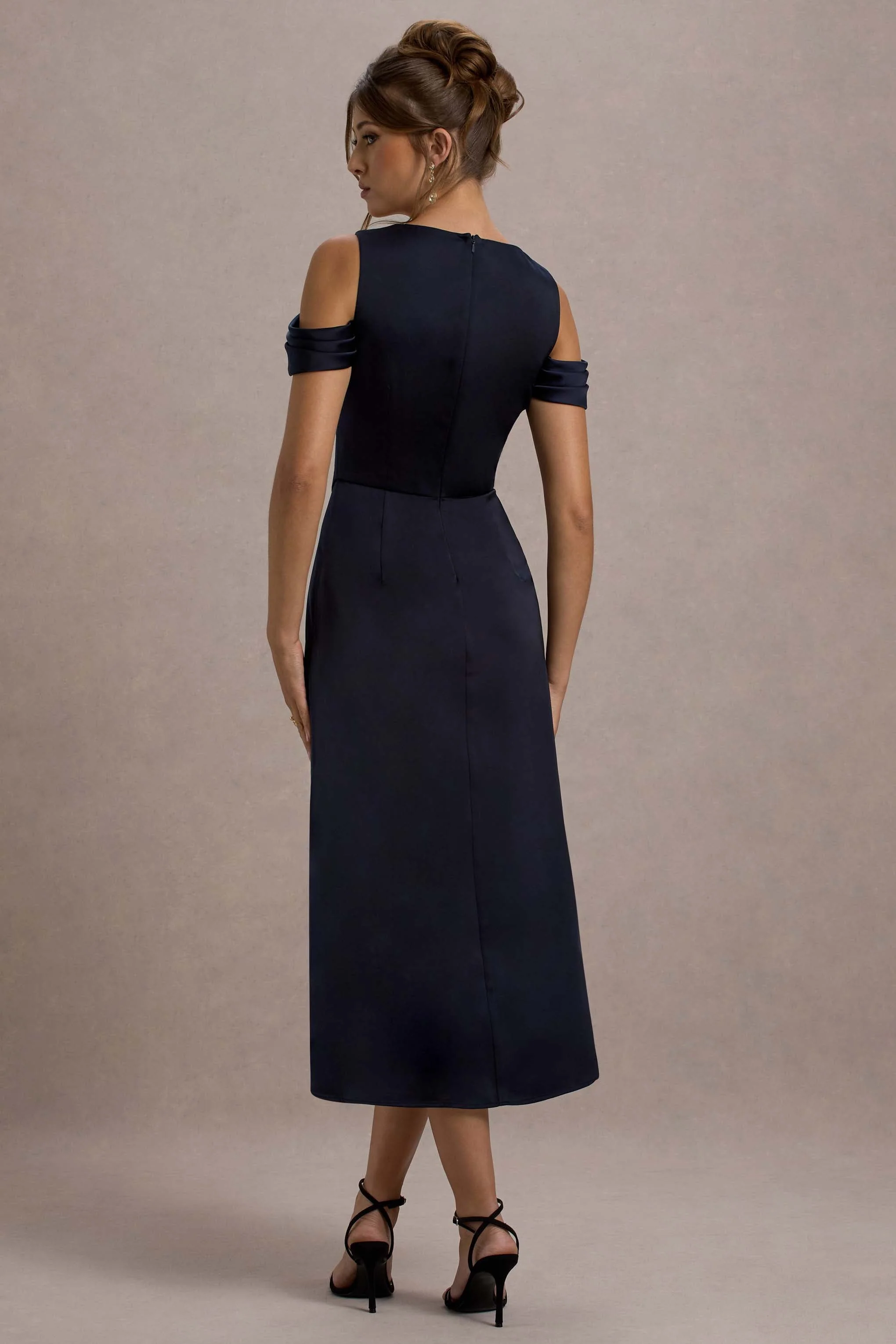 Sawyer | Navy Satin Draped Midi Dress - Image 2