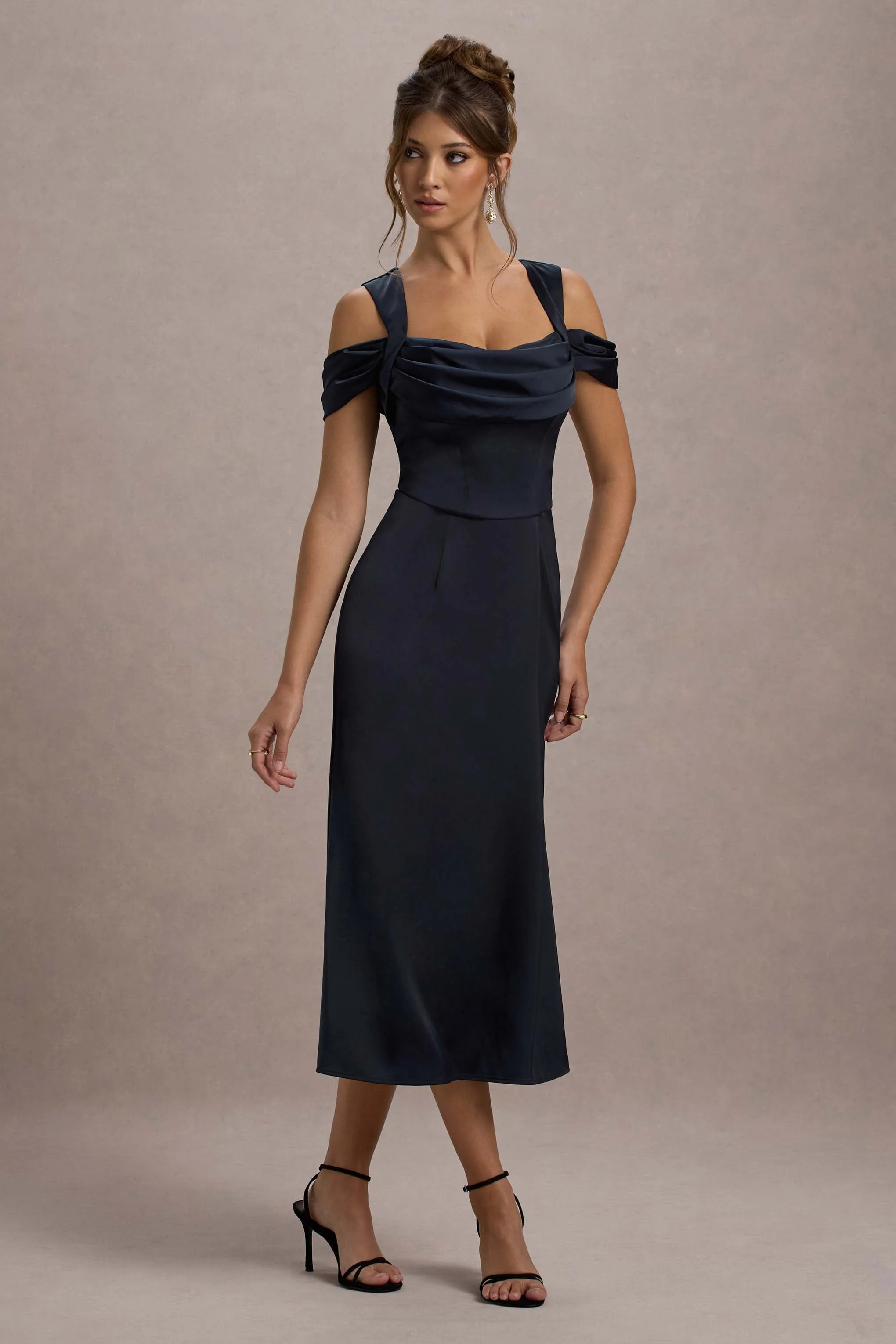 Sawyer | Navy Satin Draped Midi Dress - Image 4