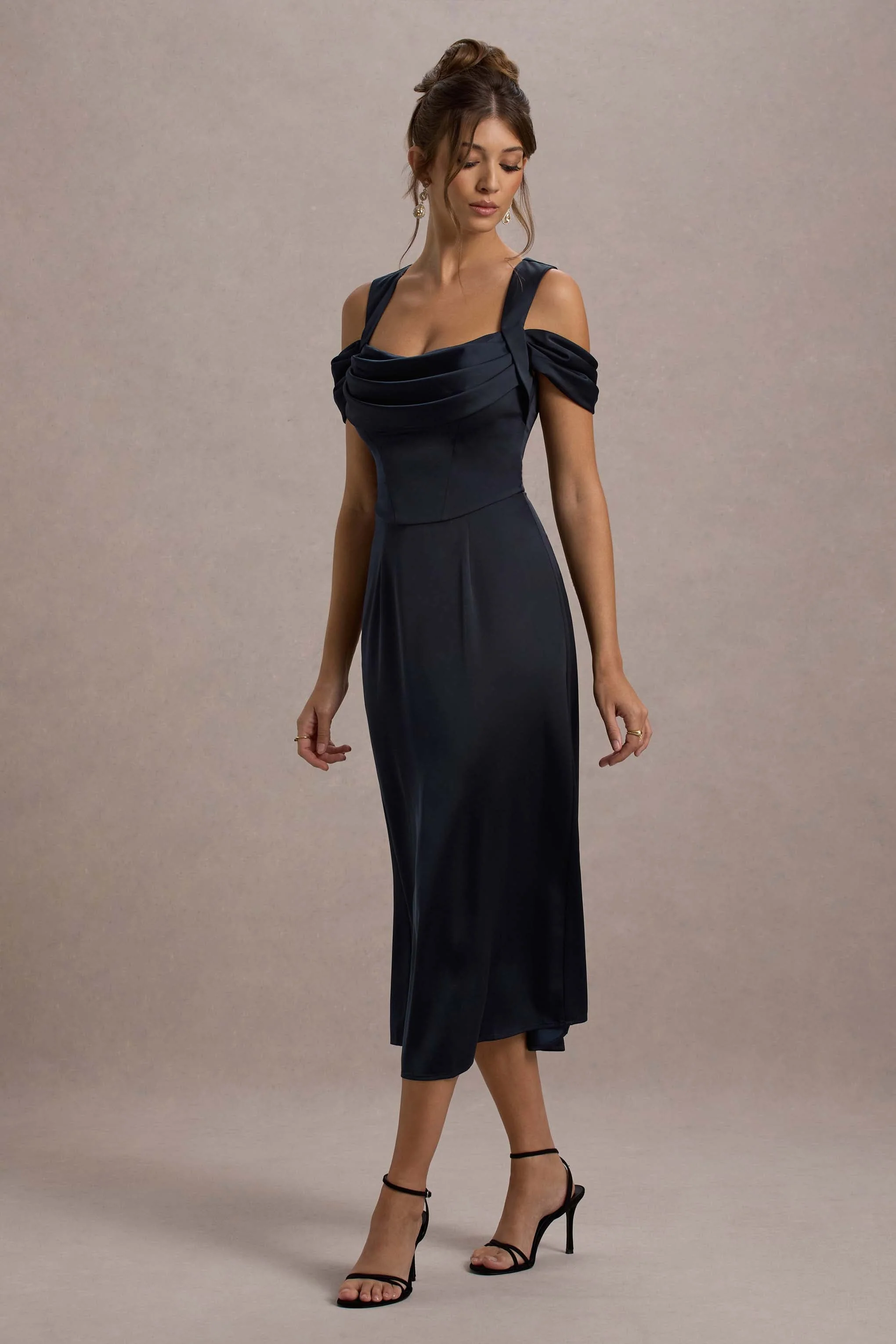 Sawyer | Navy Satin Draped Midi Dress - Image 5