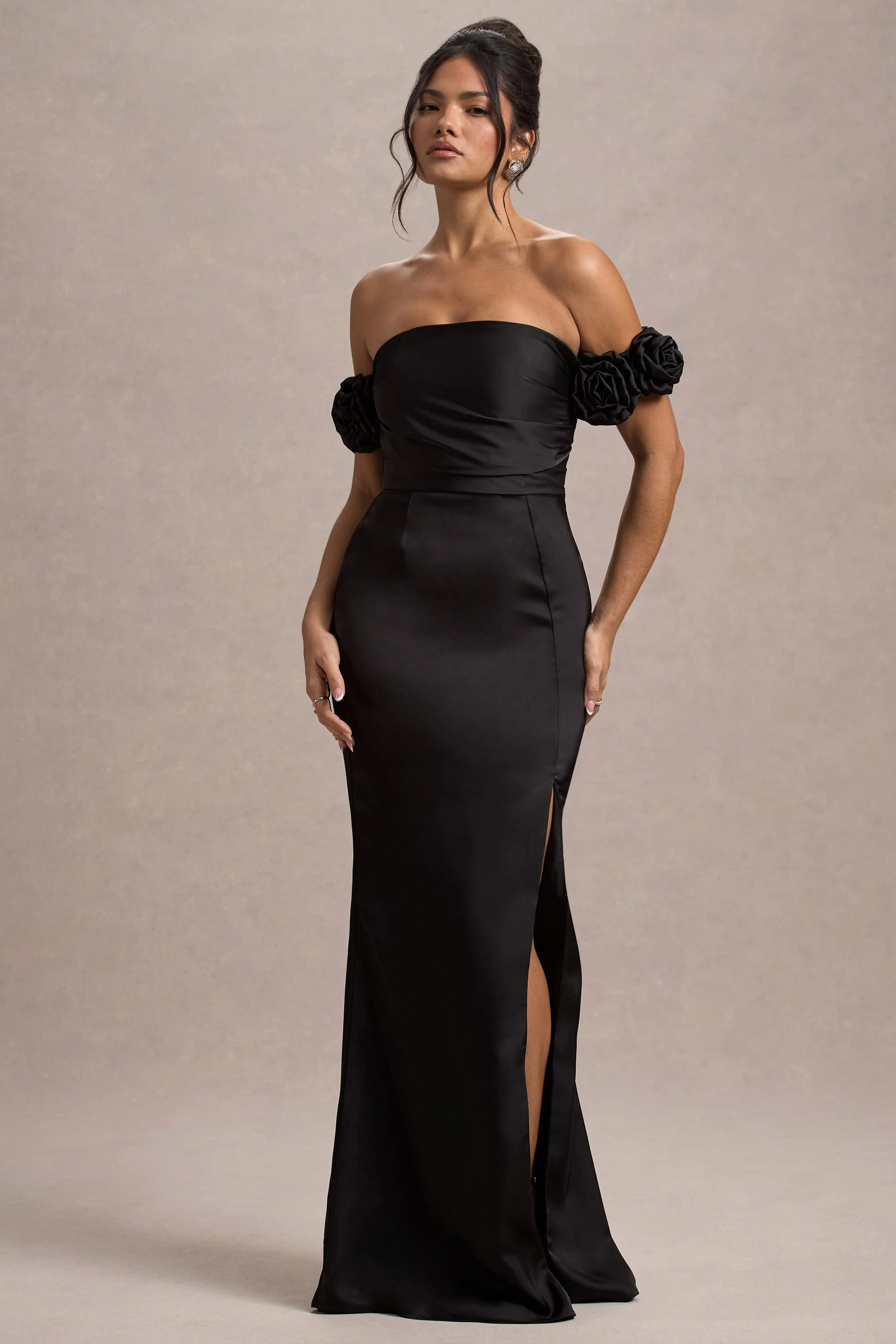 Senseless | Black Satin Floral Bardot Maxi Dress - Image 4