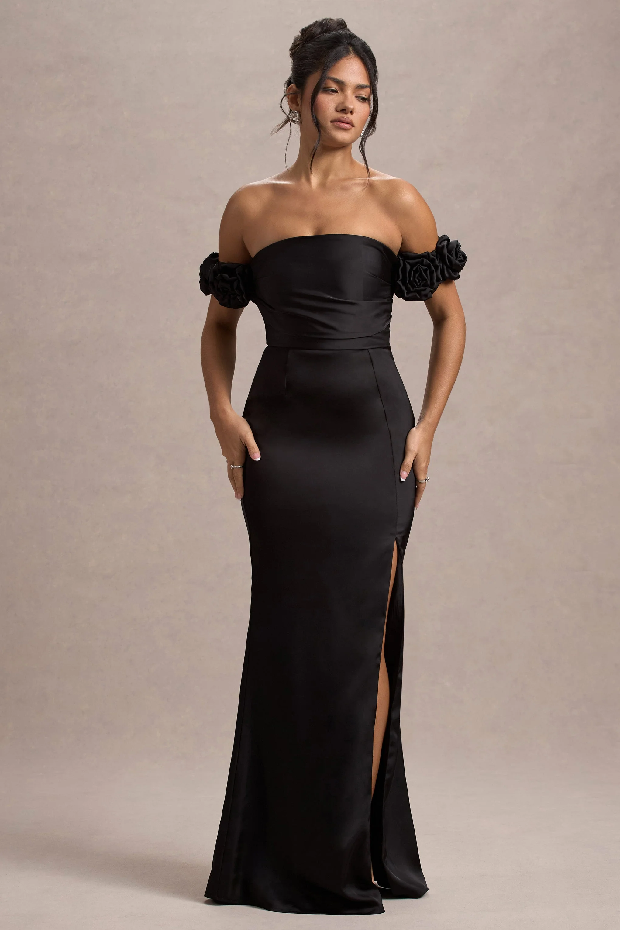 Senseless | Black Satin Floral Bardot Maxi Dress - Image 5