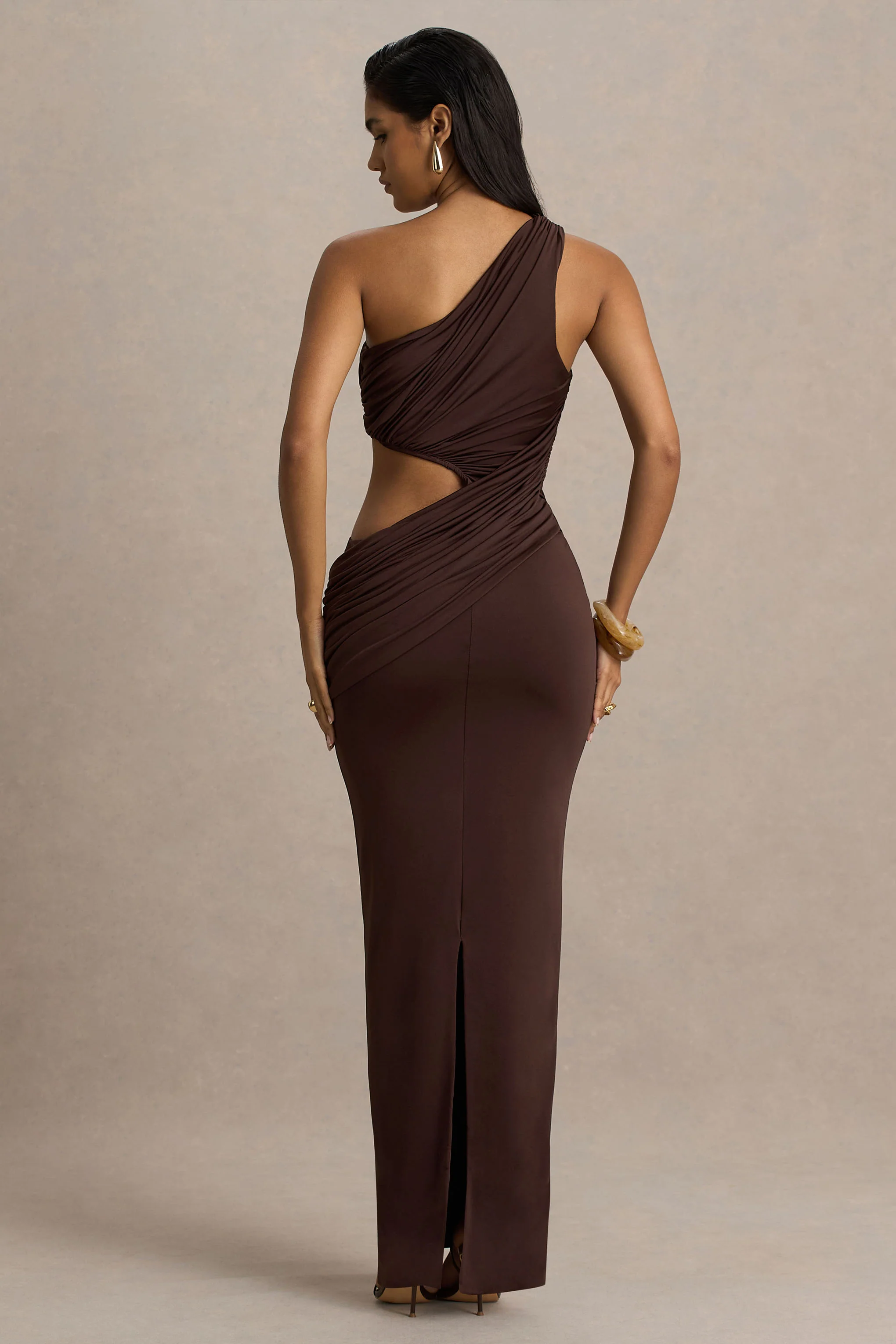 Serefine | Brown Asymmetric-Neck Maxi Dress With Body Cut-Out - Image 2