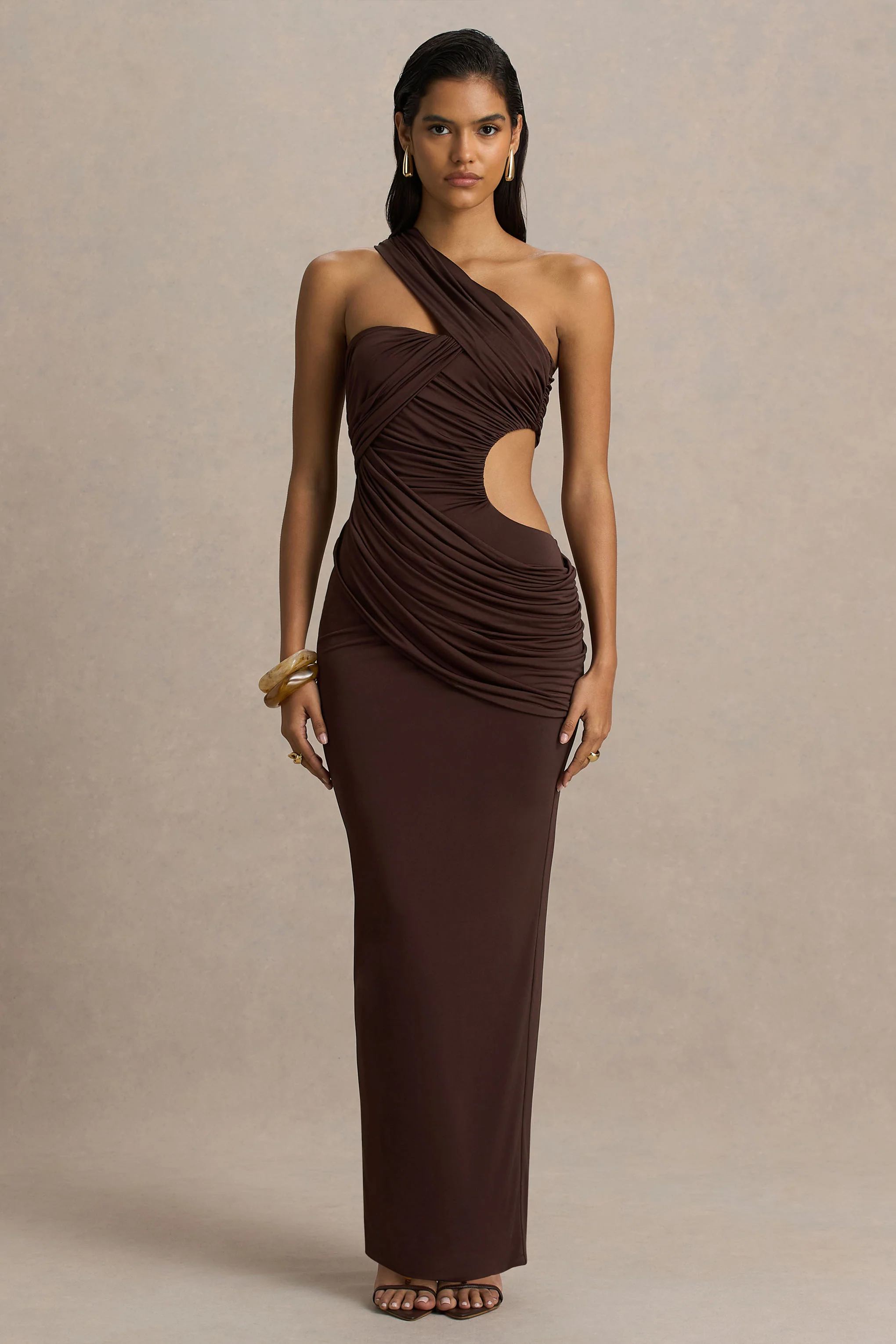 Serefine | Brown Asymmetric-Neck Maxi Dress With Body Cut-Out - Image 5