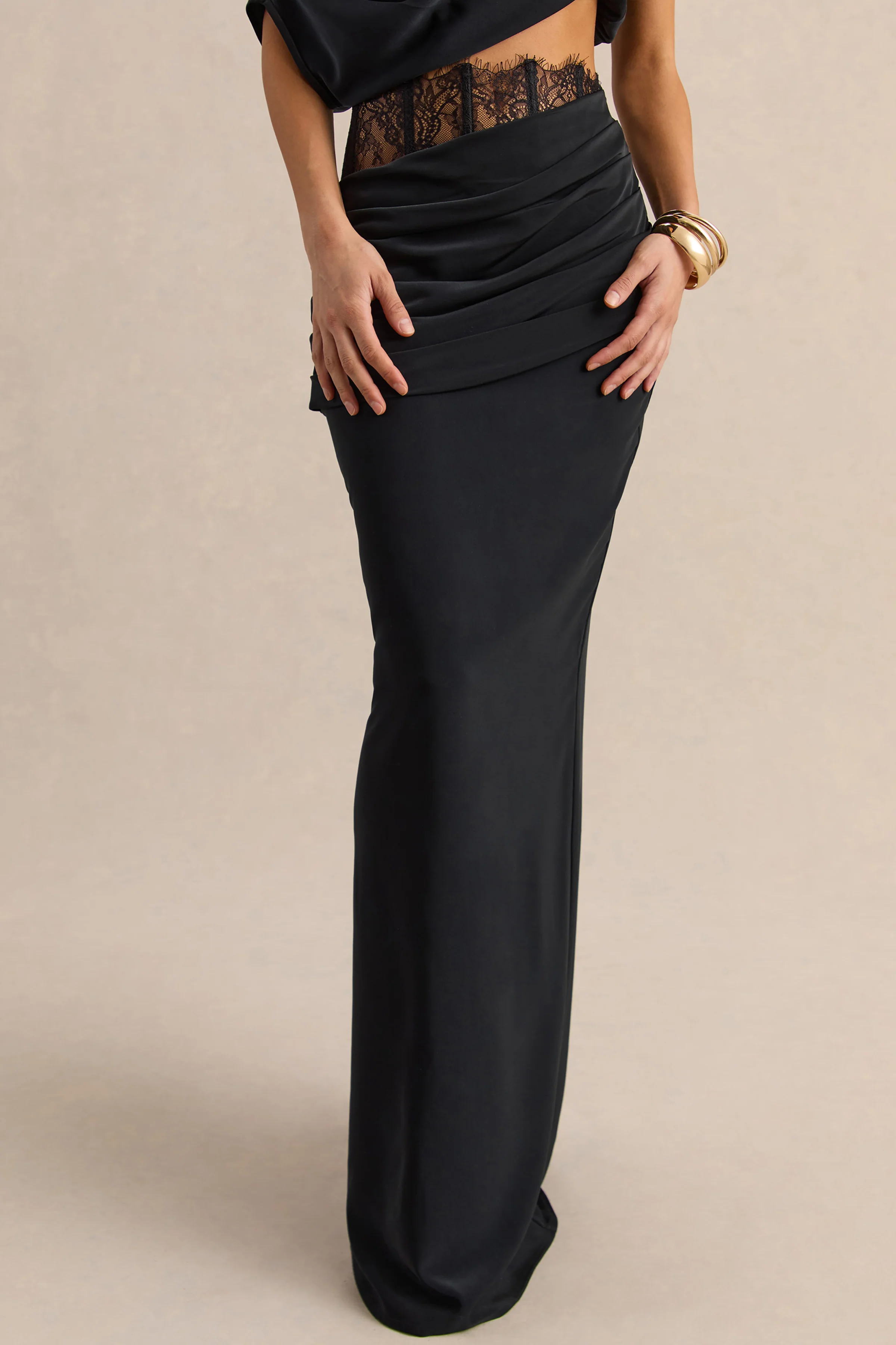 Silora | Black Satin Maxi Skirt With Lace-Detail - Image 2
