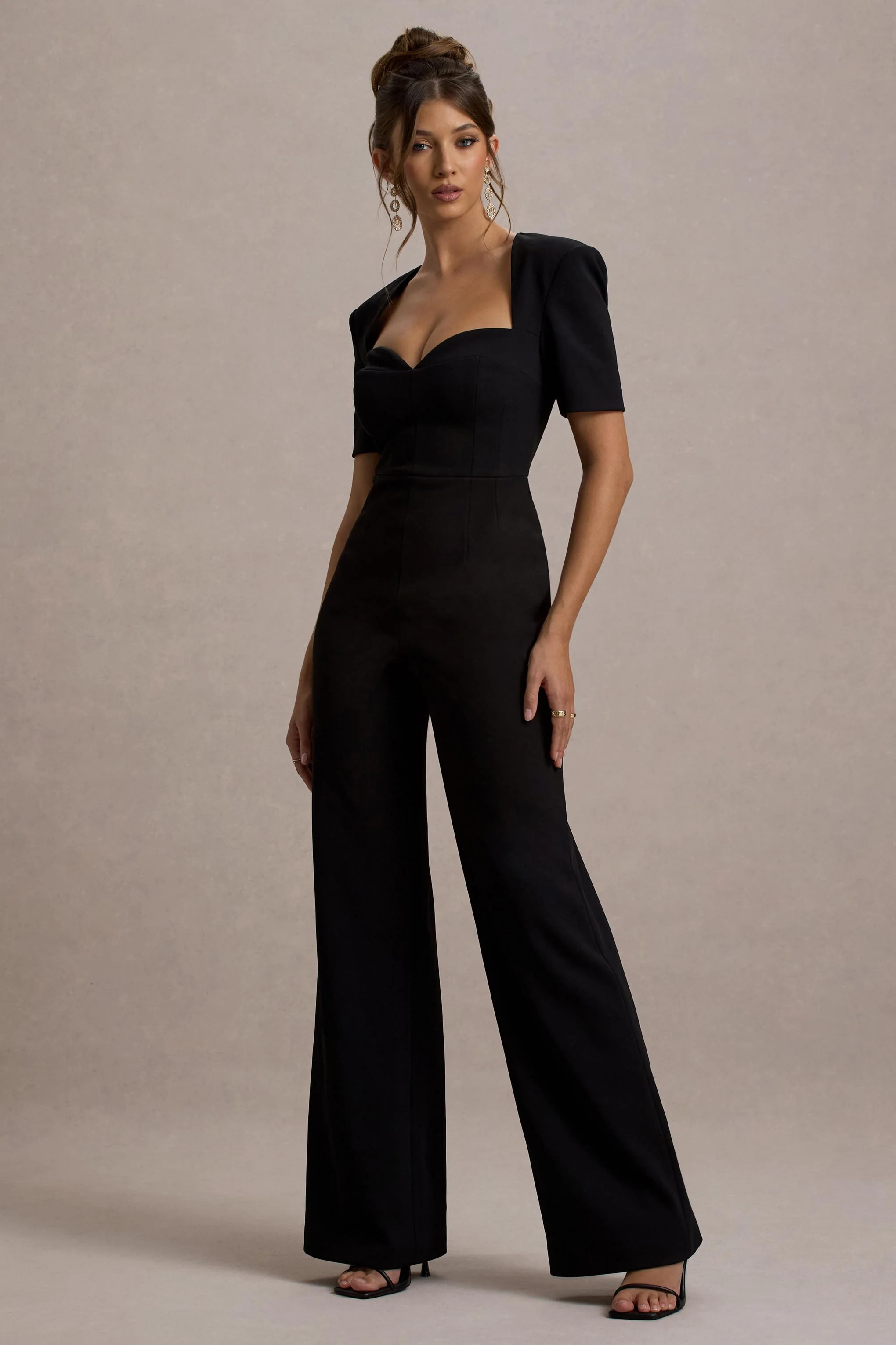 Simone | Black Sweetheart Short-Sleeve Wide-Leg Jumpsuit - Image 5