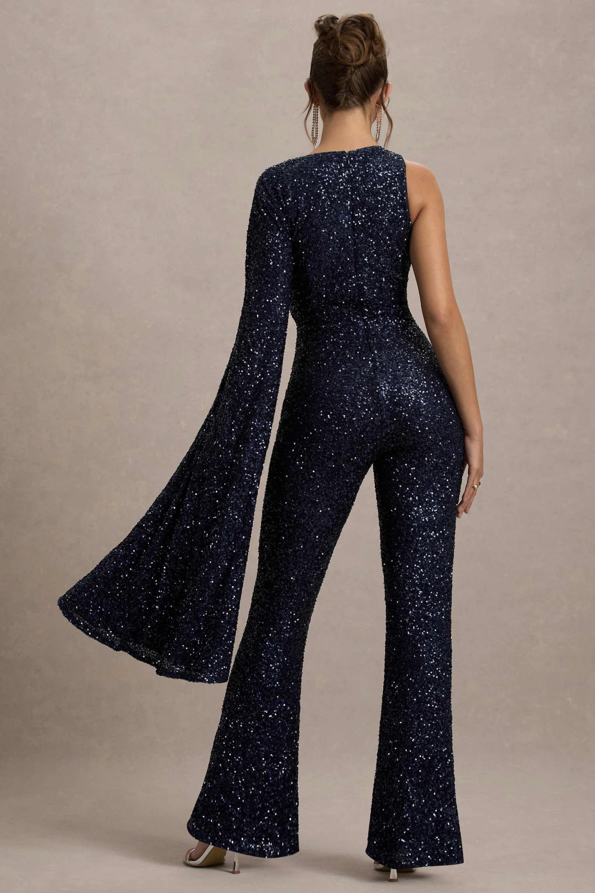 Star Seeker | Navy Sequin One-Shoulder Cape Sleeve Jumpsuit - Image 2