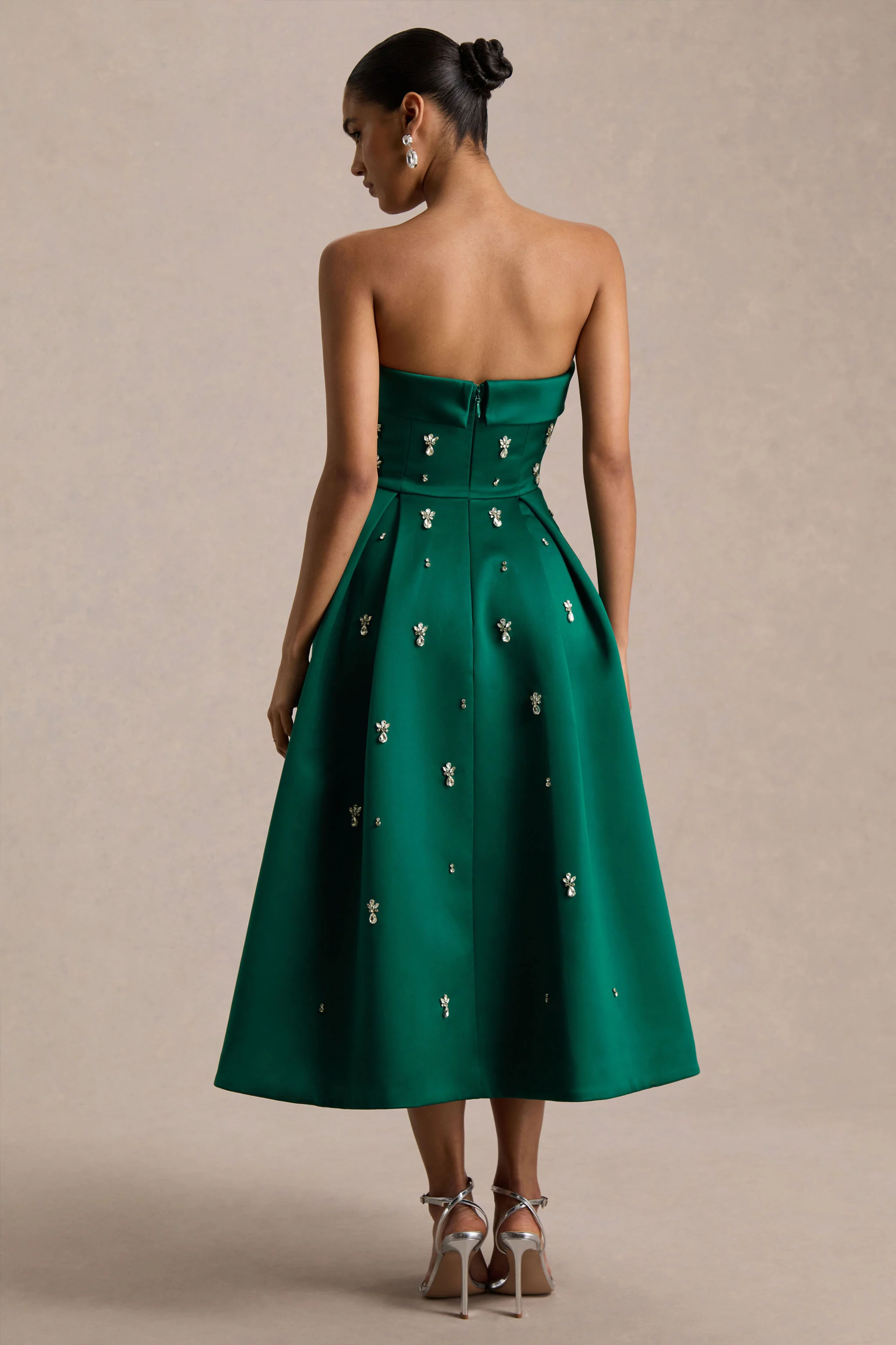 Sylvette | Dark Green Satin Bandeau Skater Midi Dress - Image 2