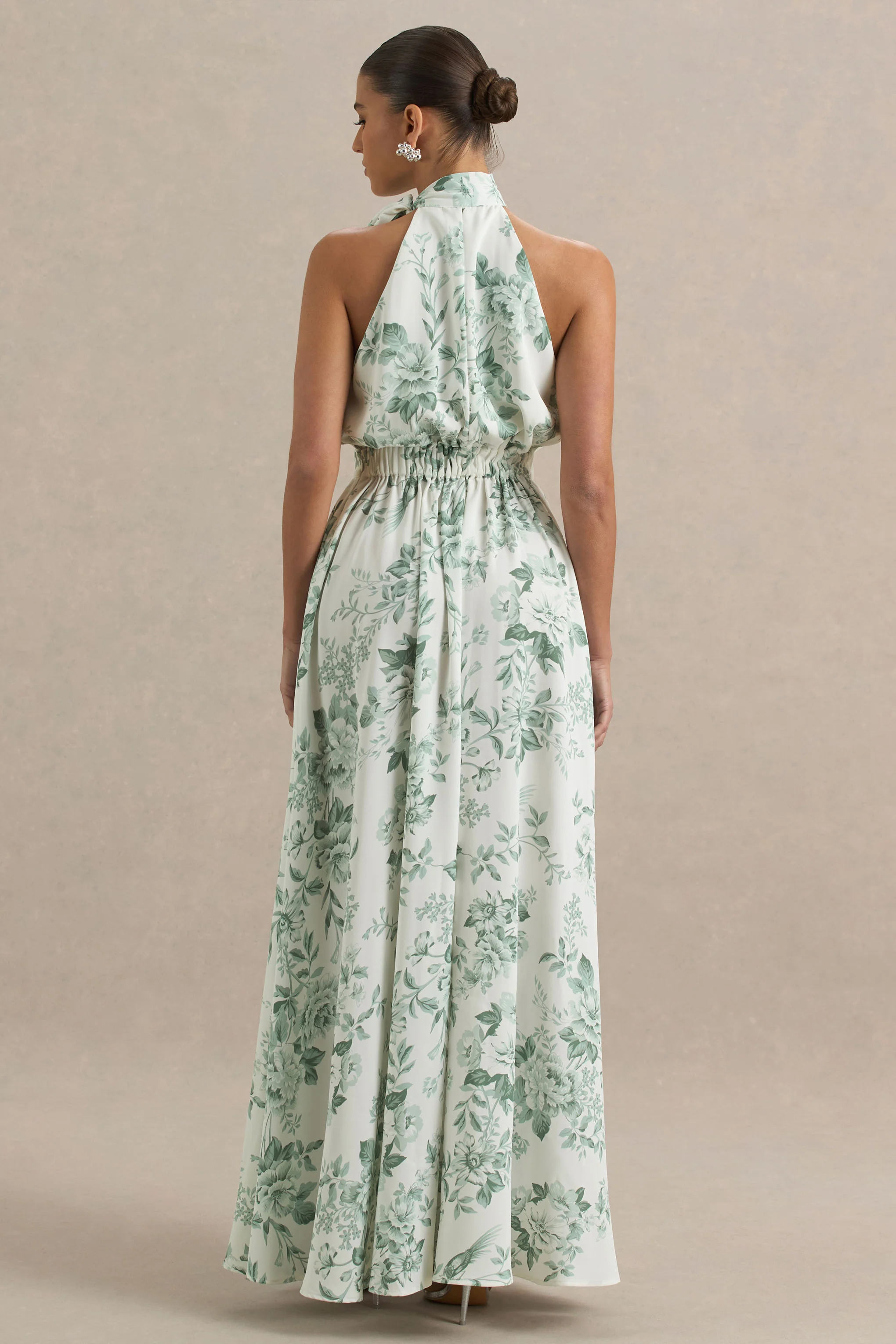 Talia | Green Floral Print High-Neck Maxi Dress With Front High Split - Image 2