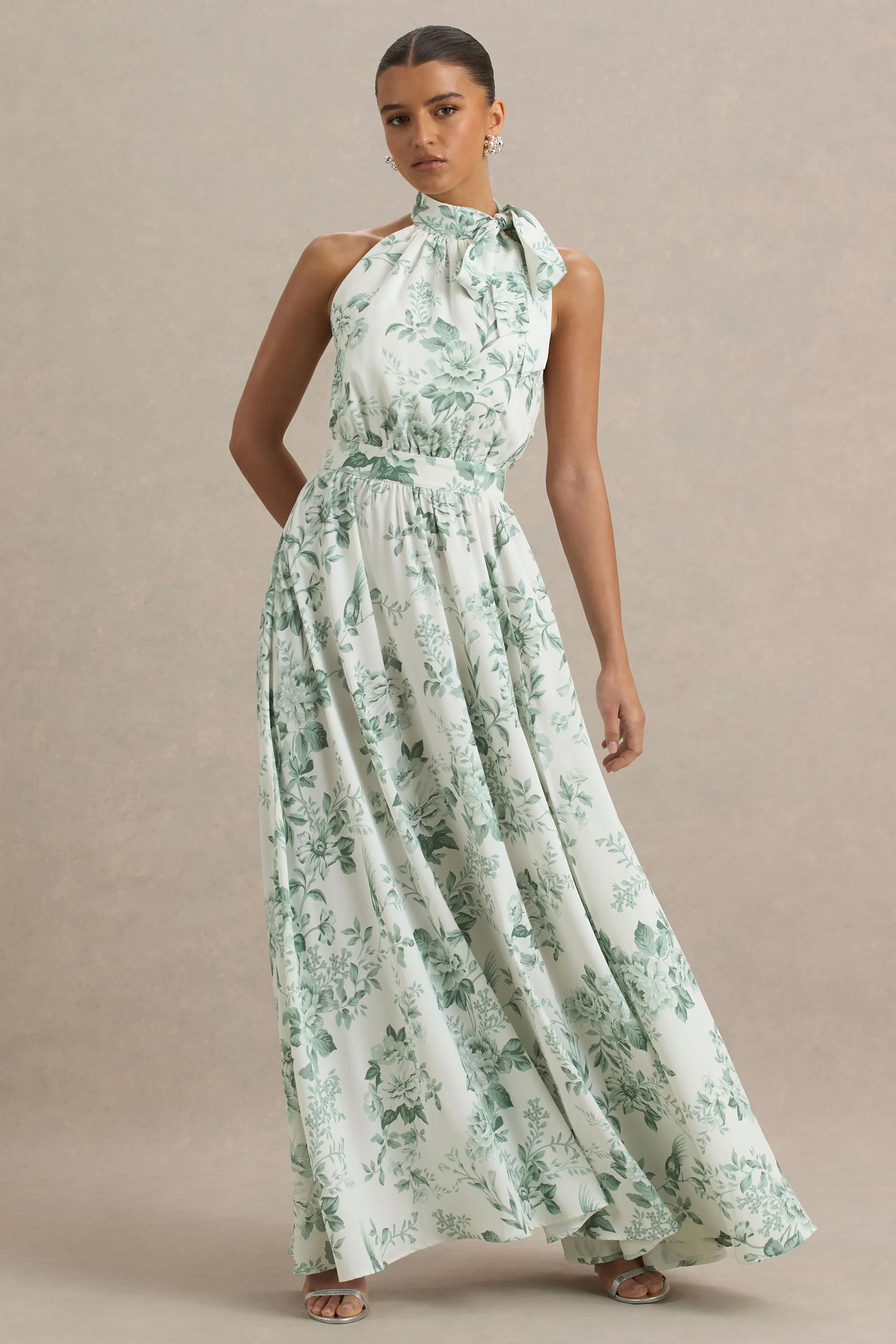 Talia | Green Floral Print High-Neck Maxi Dress With Front High Split - Image 3