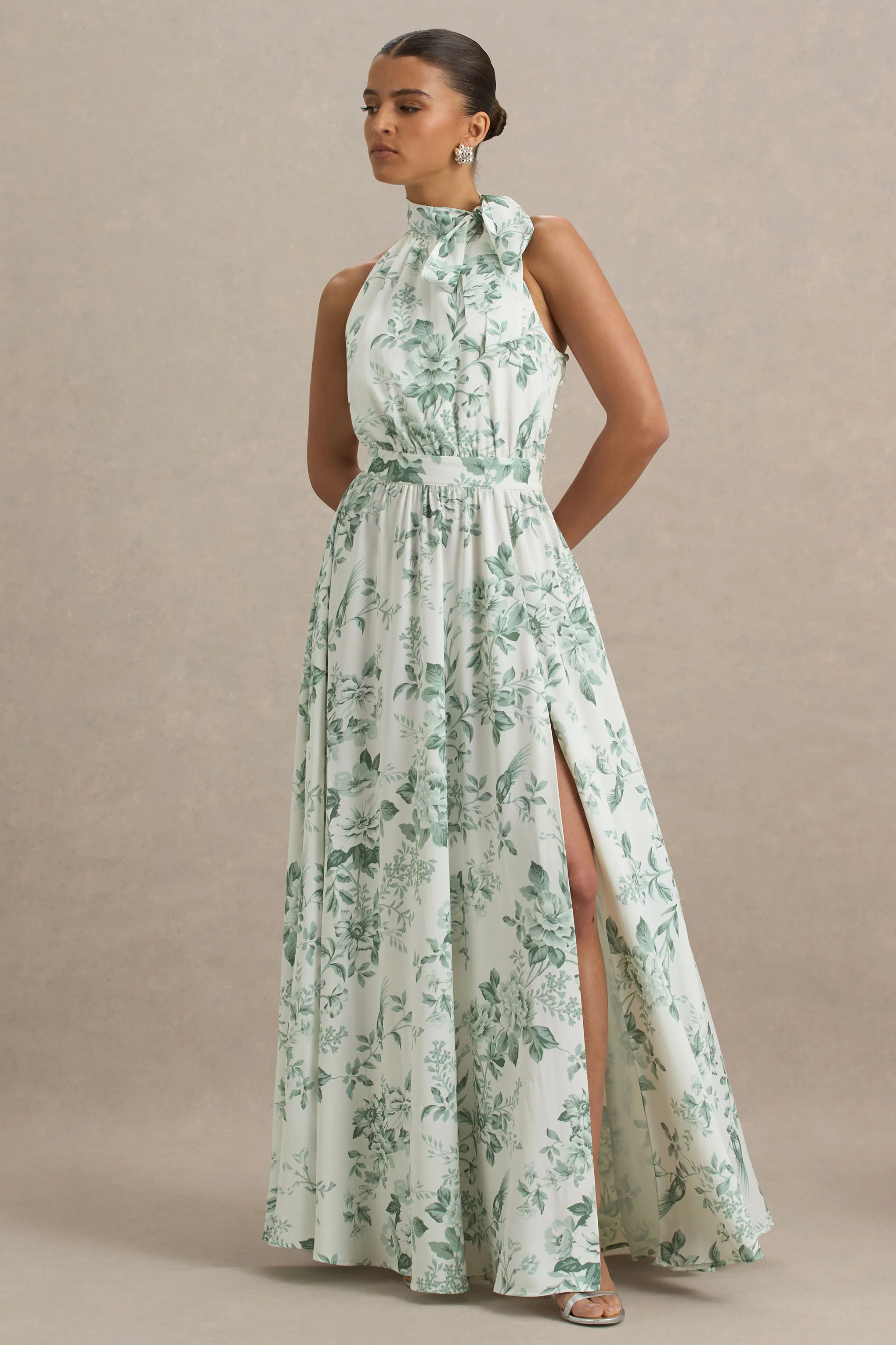 Talia | Green Floral Print High-Neck Maxi Dress With Front High Split - Image 4