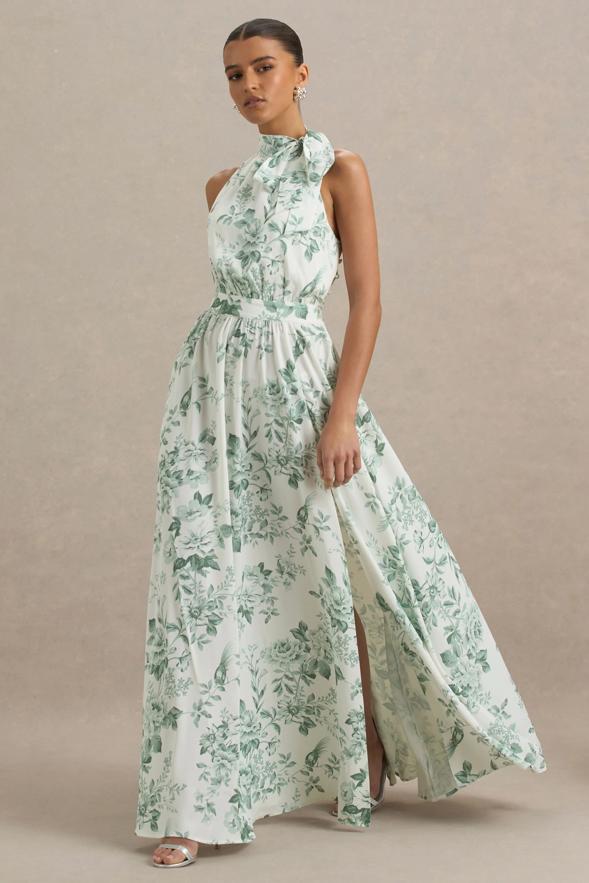 Talia | Green Floral Print High-Neck Maxi Dress With Front High Split - Image 5