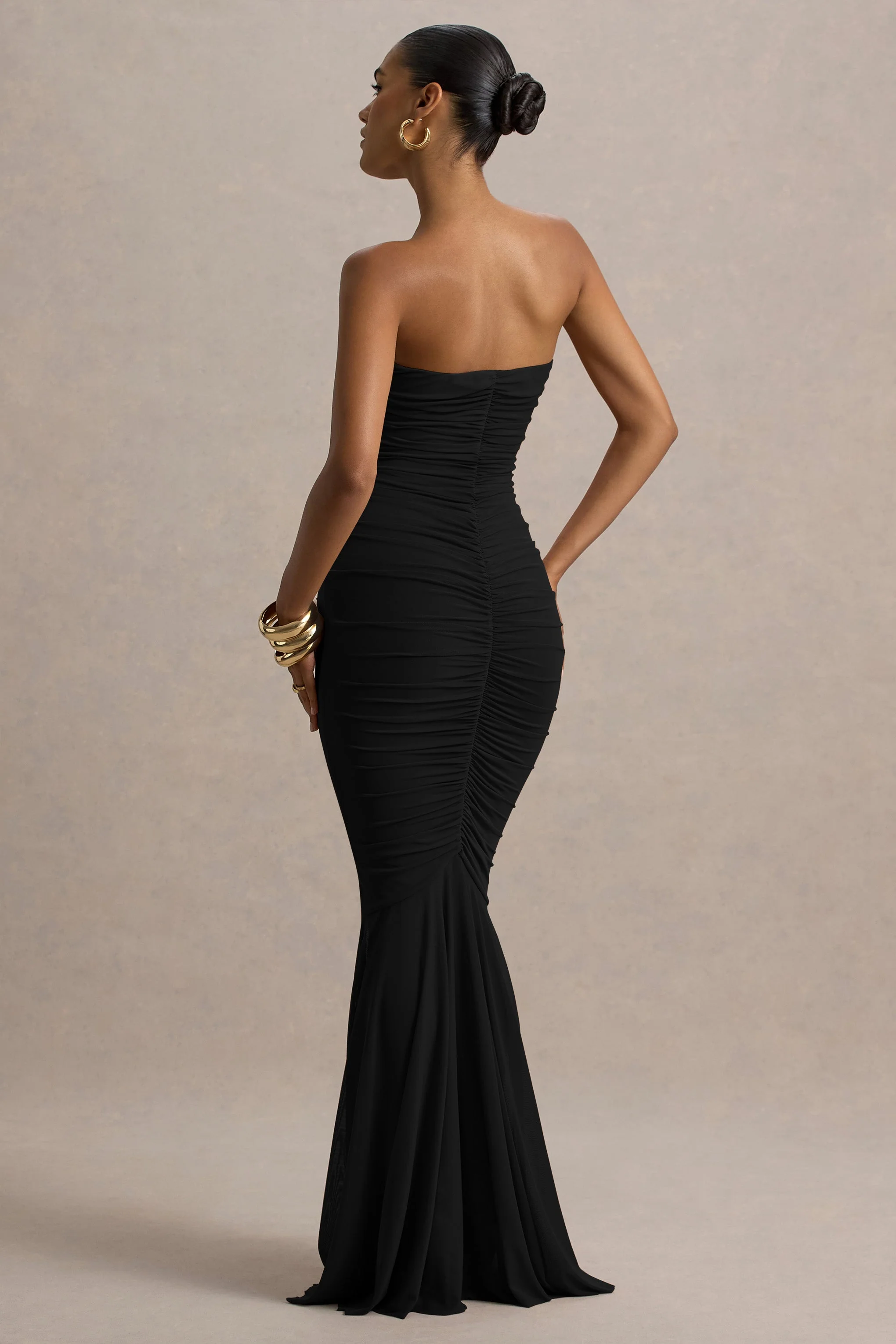Talisa | Black Bandeau Ruched Maxi Dress With Mesh Fishtail - Image 2