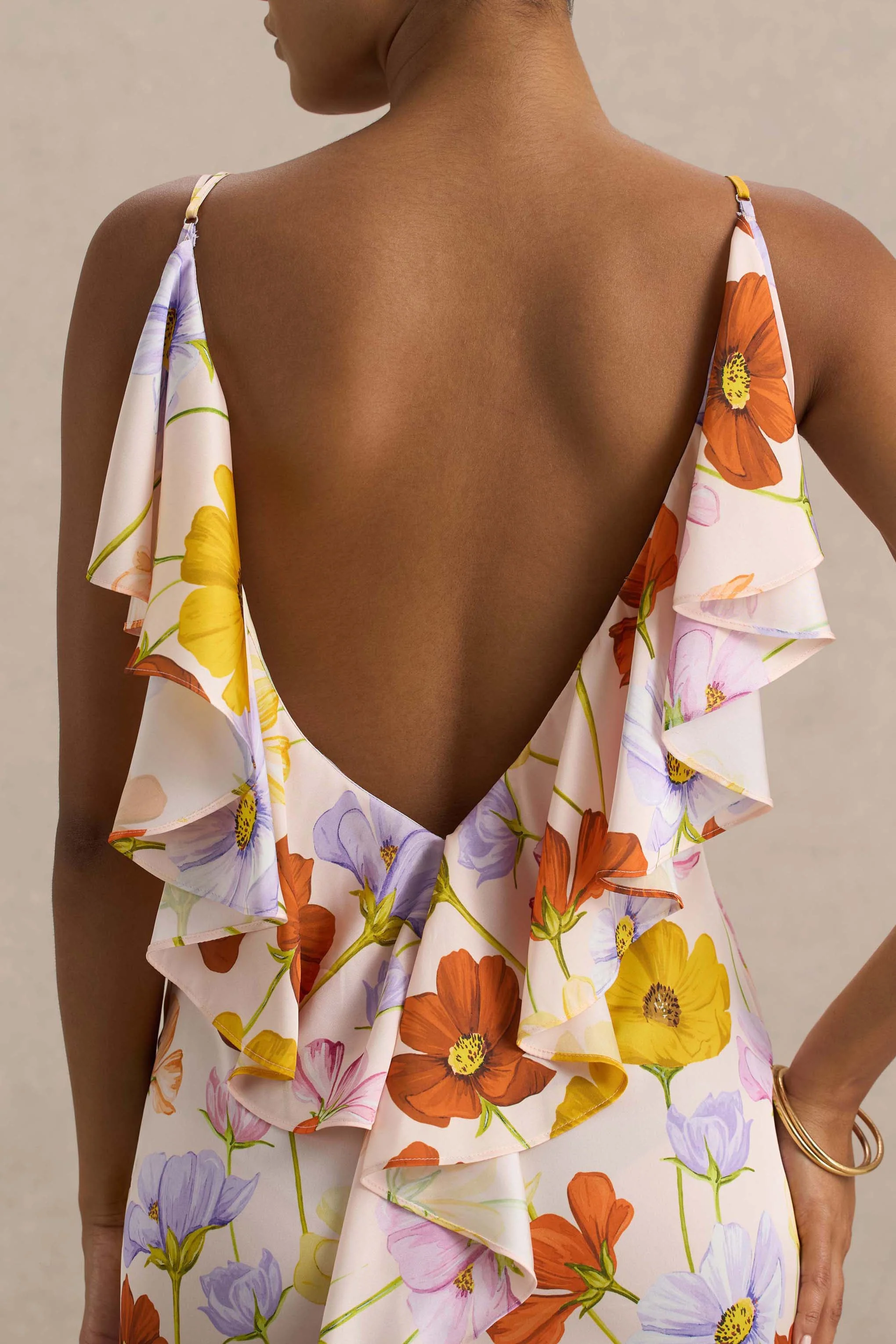 Thames | Bright Floral Print Satin Cowl-Neck Maxi Dress - Image 6