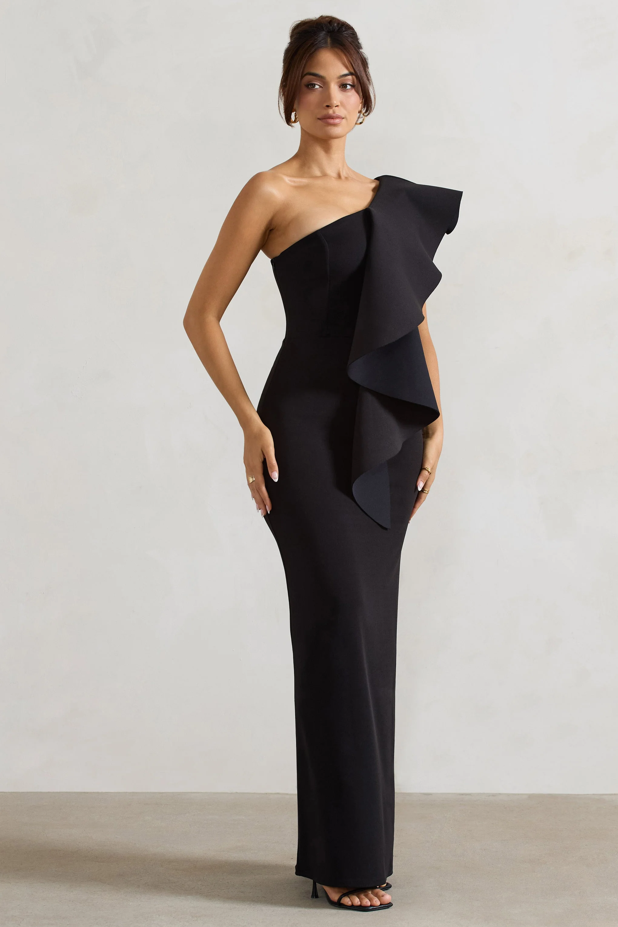 Timeless Love | Black Asymmetric Draped Ruffle Maxi Dress - Image 5