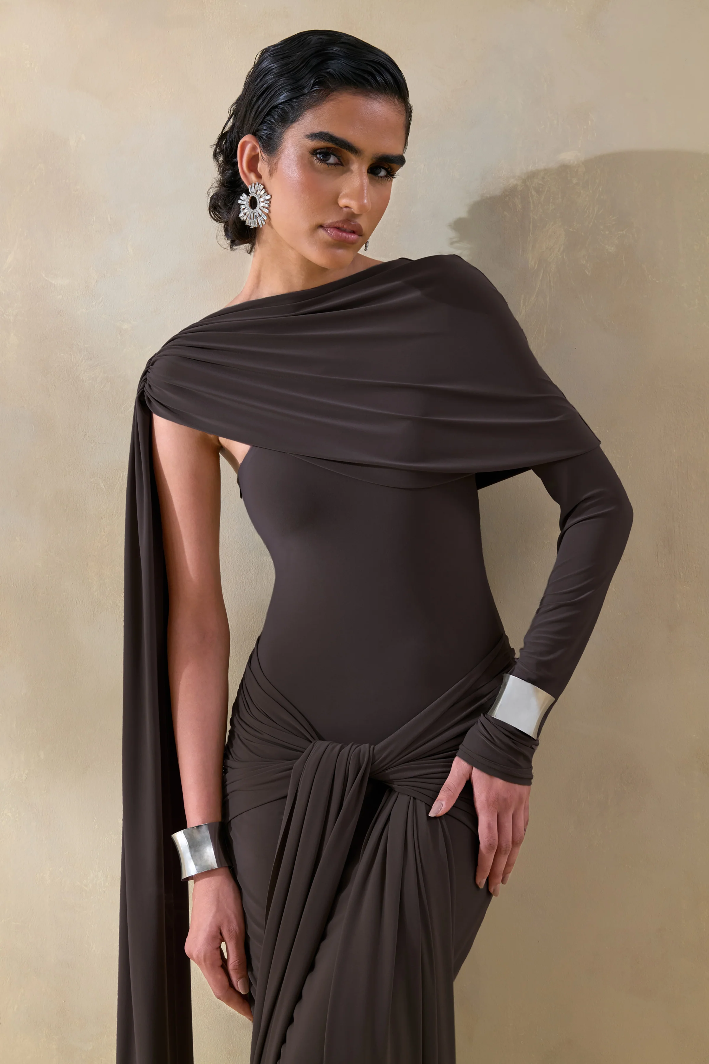 Trisara | Brown Asymmetric-Neck Maxi Dress With Gathered-Detailing And Sash - Image 3