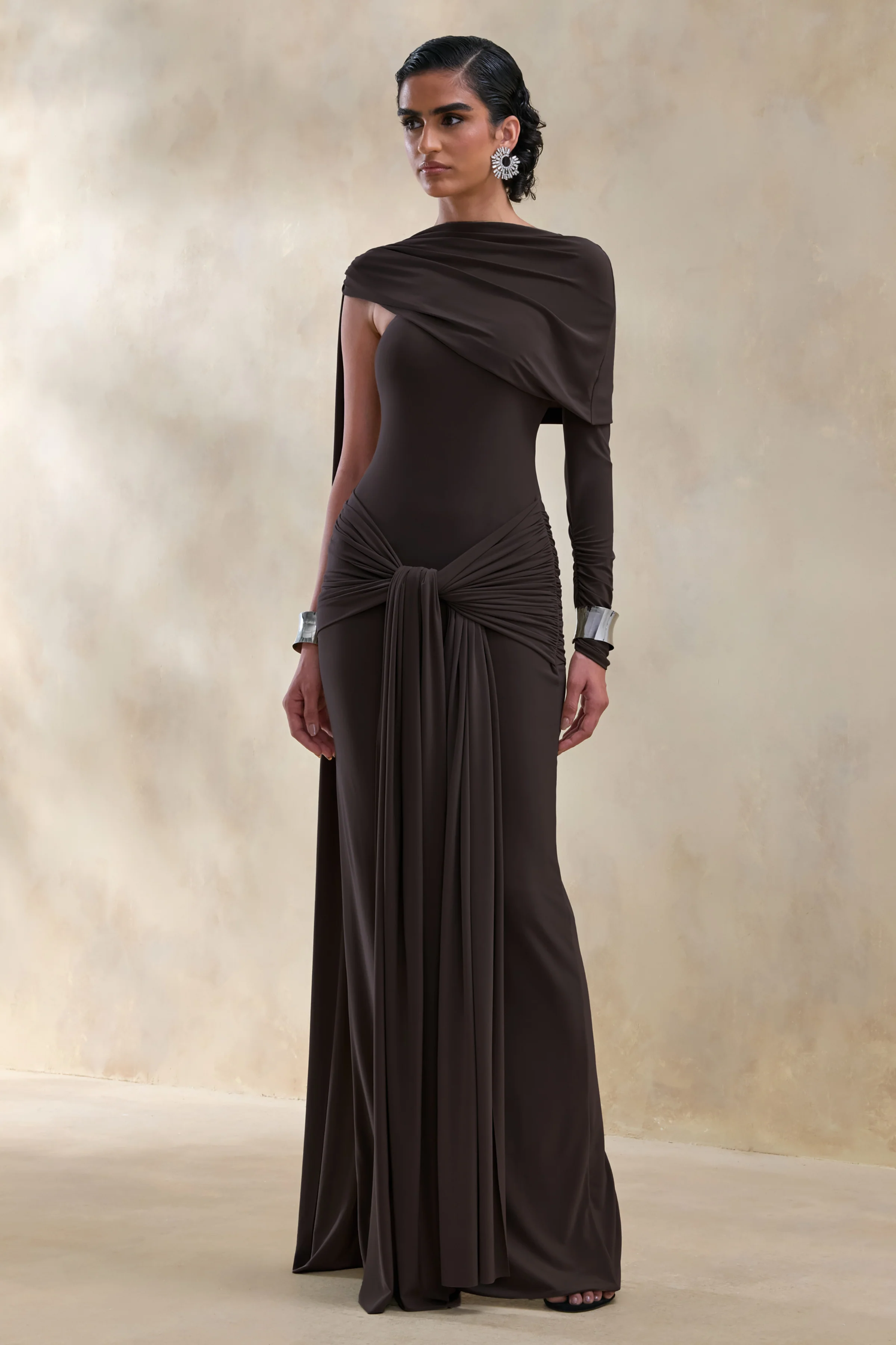 Trisara | Brown Asymmetric-Neck Maxi Dress With Gathered-Detailing And Sash - Image 4