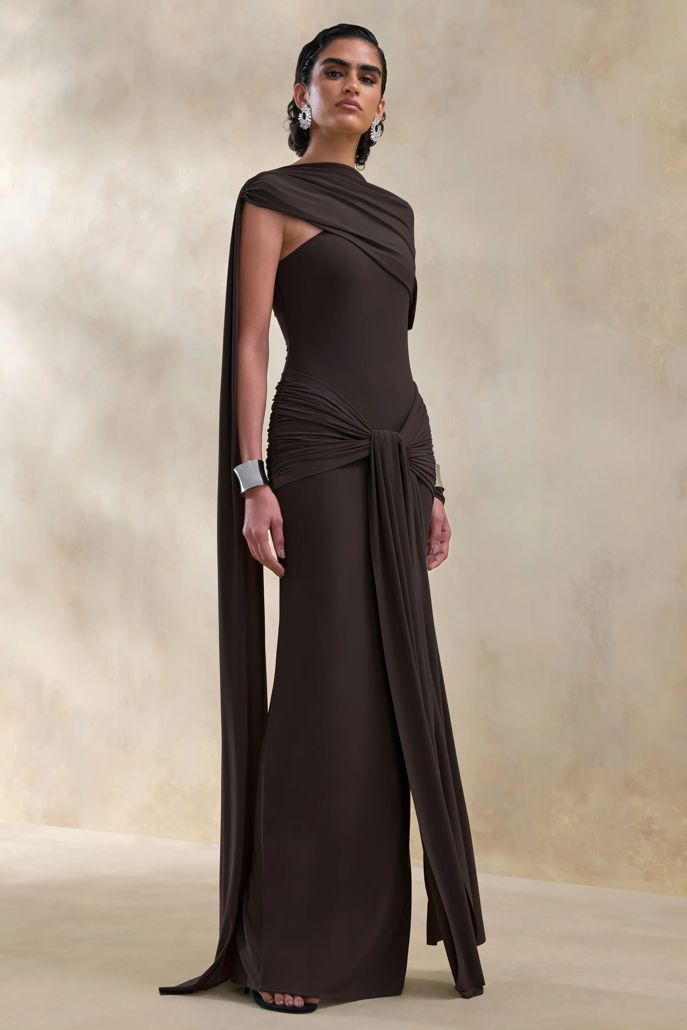 Trisara | Brown Asymmetric-Neck Maxi Dress With Gathered-Detailing And Sash - Image 6