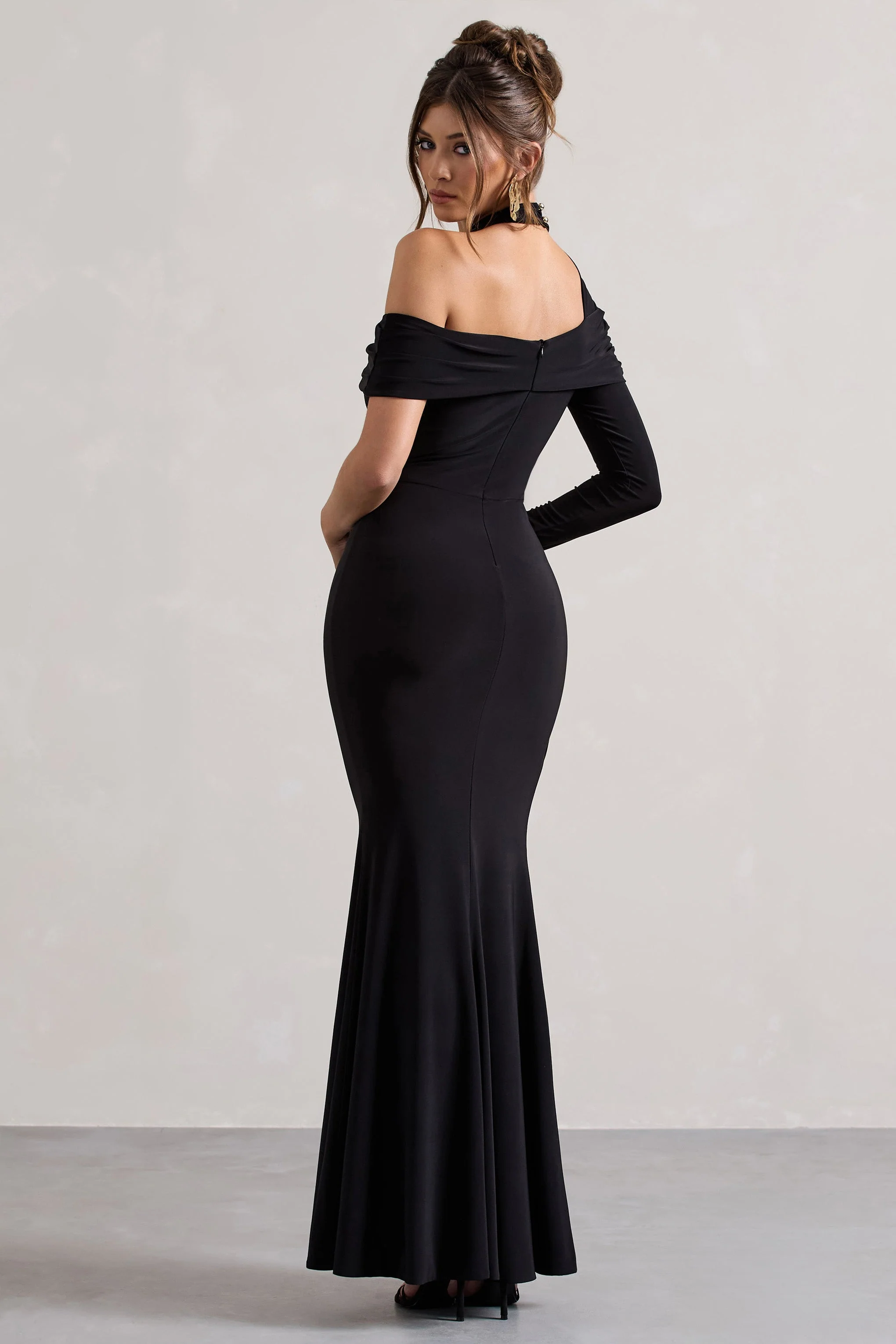 Tyla | Black Asymmetric High-Neck Split Maxi Dress - Image 2