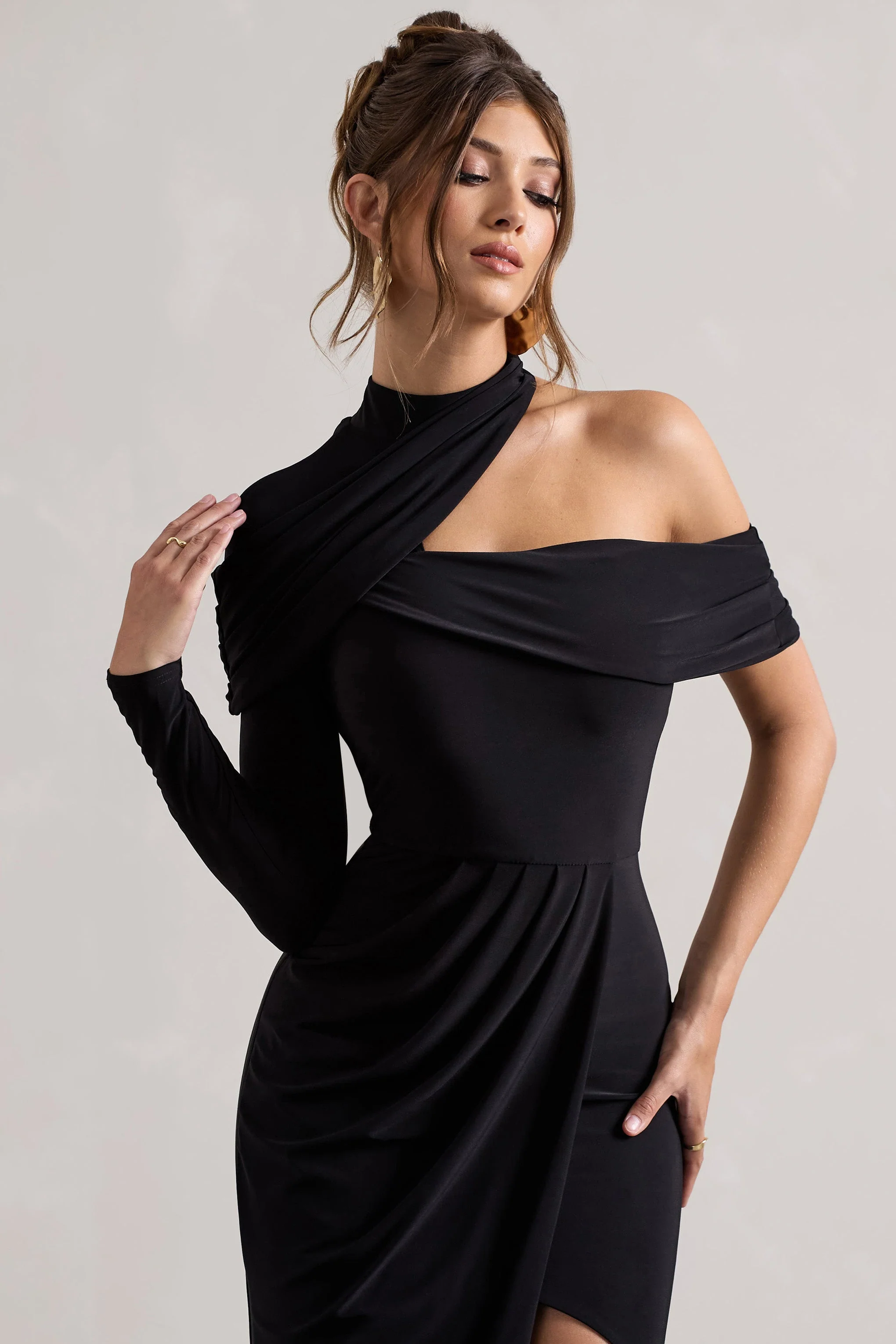 Tyla | Black Asymmetric High-Neck Split Maxi Dress - Image 3