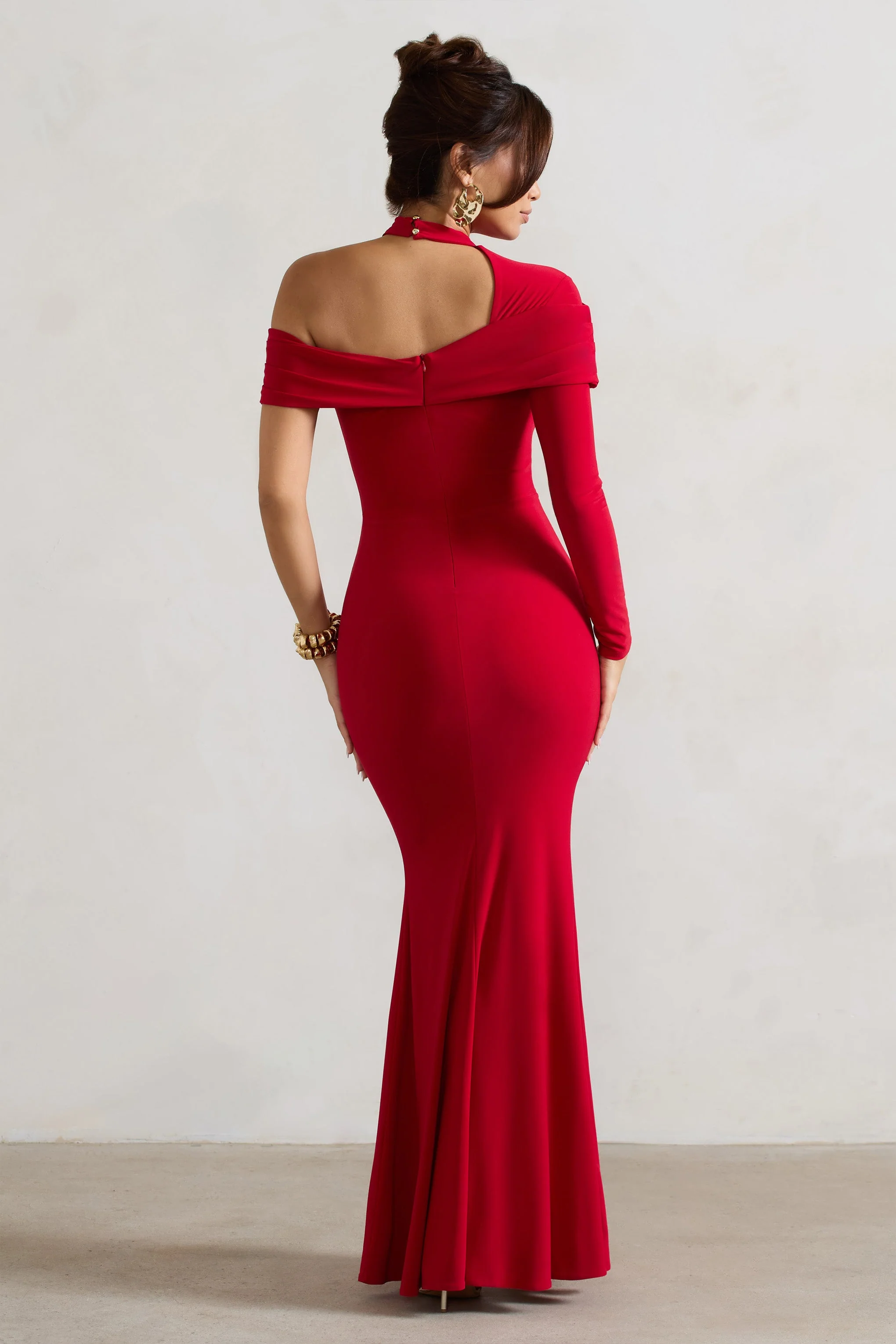 Tyla | Red Asymmetric High-Neck Split Maxi Dress - Image 2