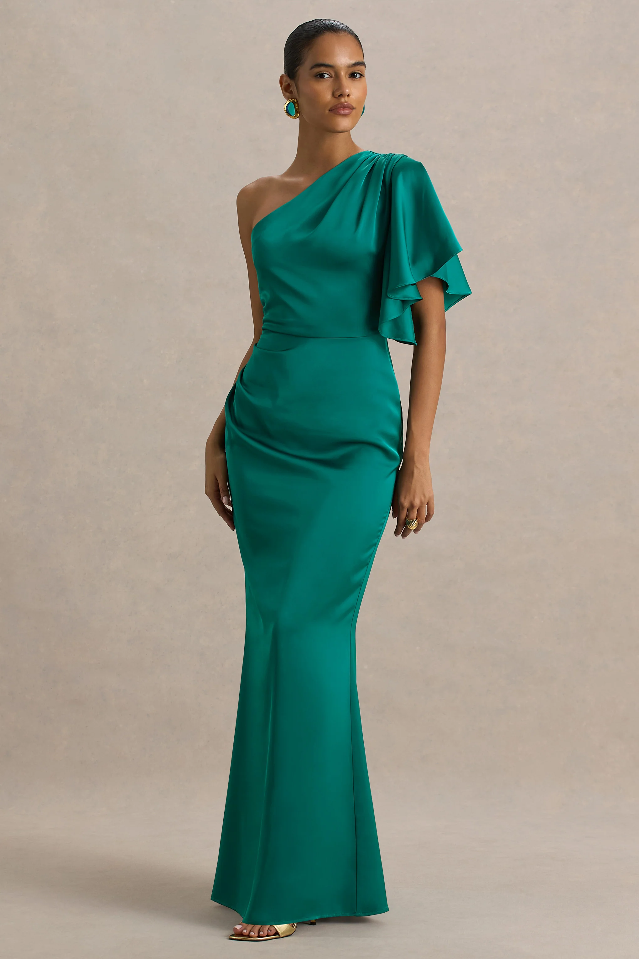 Unforgettable | Bottle Green Asymmetric-Neck Maxi Dress With Ruffled Detailing - Image 3