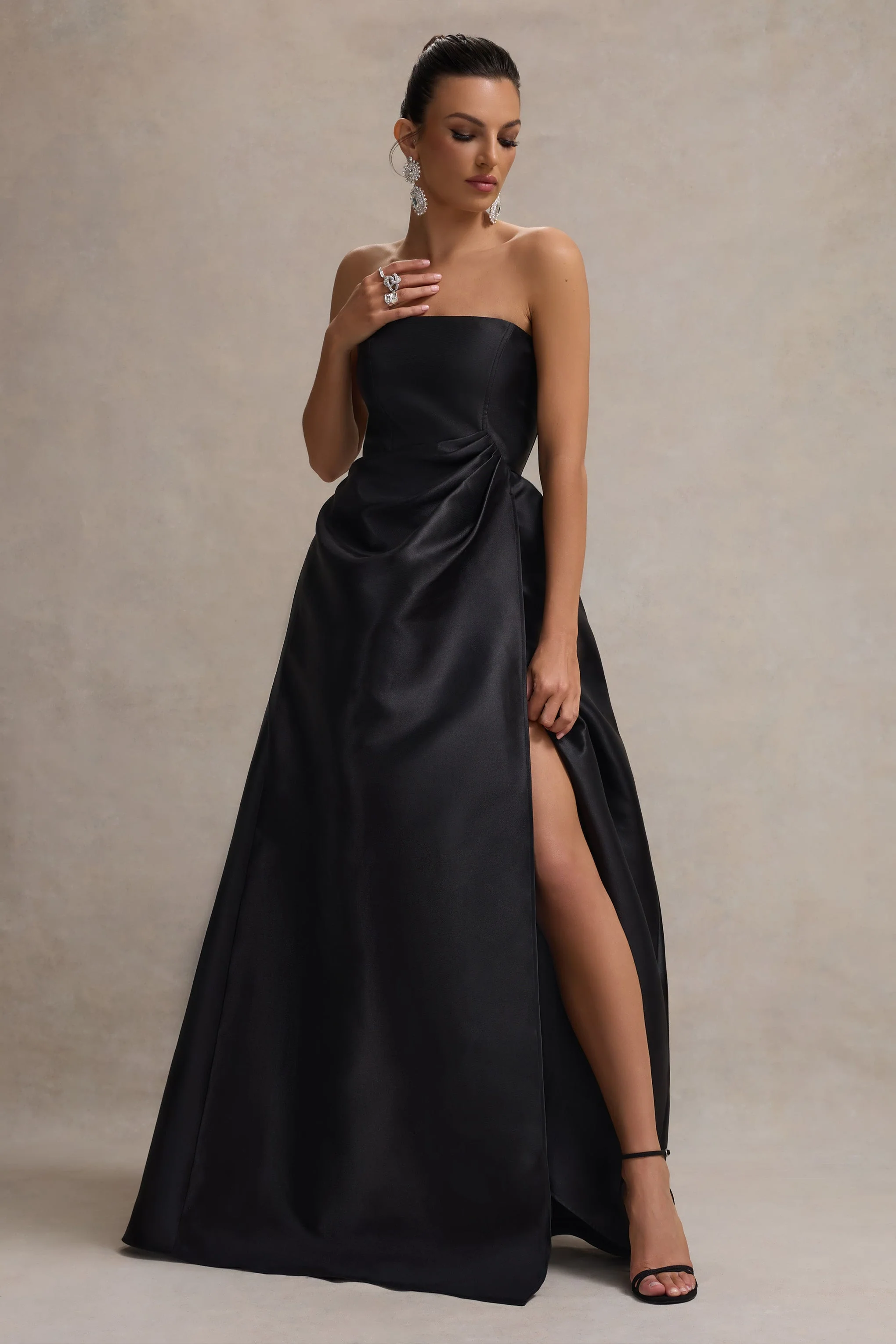 Universe | Black Bandeau Puff-Skirt Split Maxi Dress - Image 4
