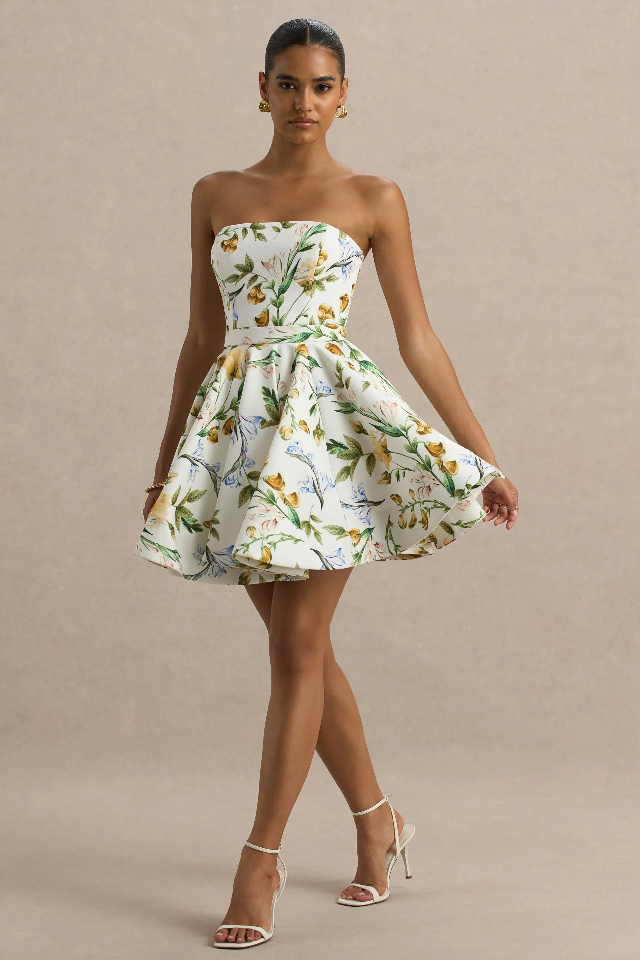 Valerian | Lemon Floral Print Bandeau Mini Dress With Ruffle Hem