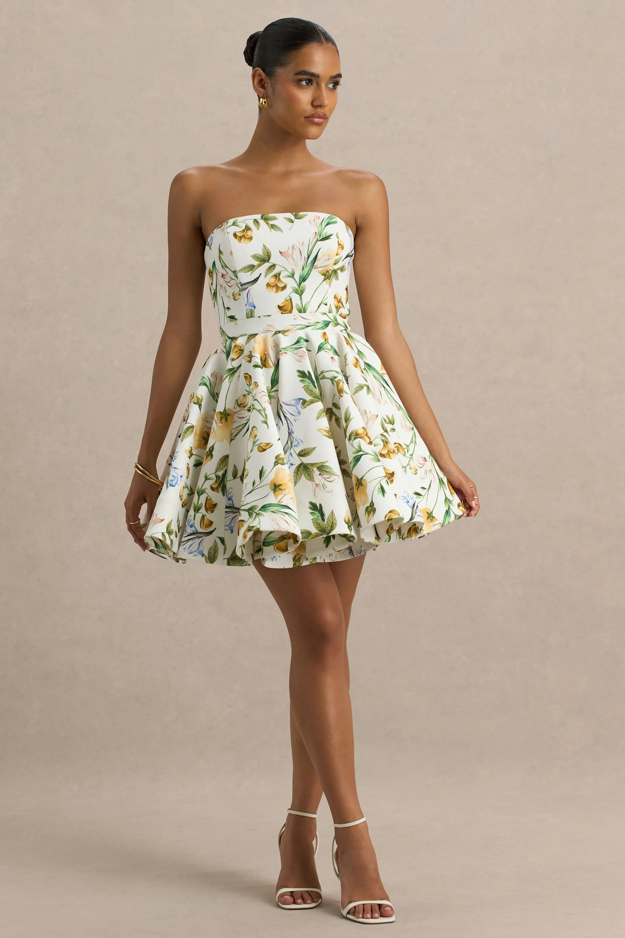 Valerian | Lemon Floral Print Bandeau Mini Dress With Ruffle Hem - Image 3