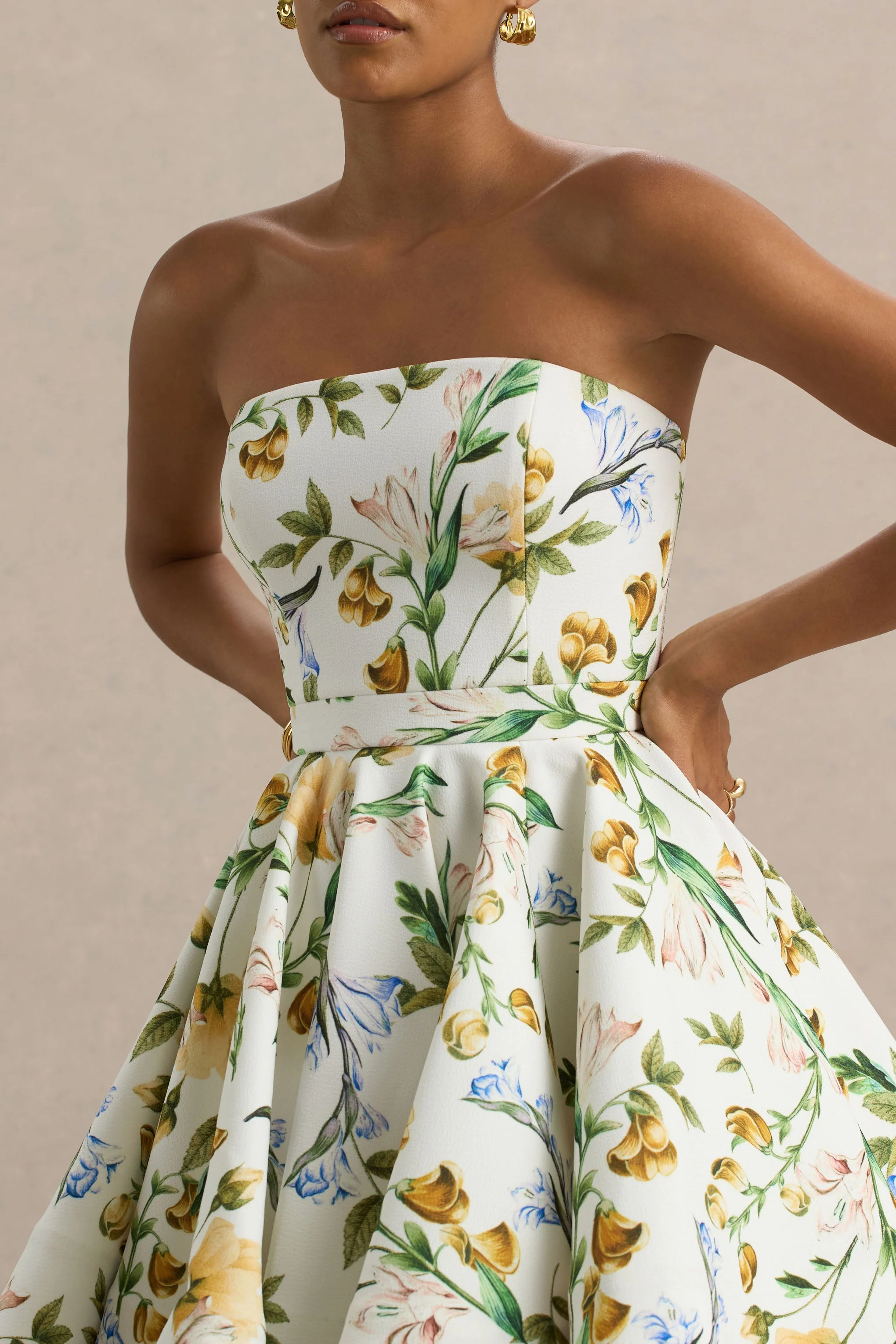 Valerian | Lemon Floral Print Bandeau Mini Dress With Ruffle Hem - Image 6