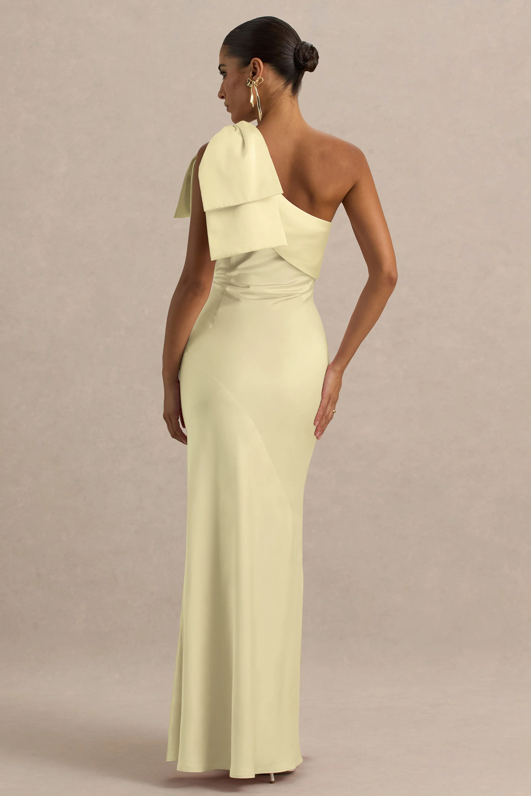 Valerie | Lemon Satin Asymmetric-Neck Maxi Dress With Bow Detail - Image 2