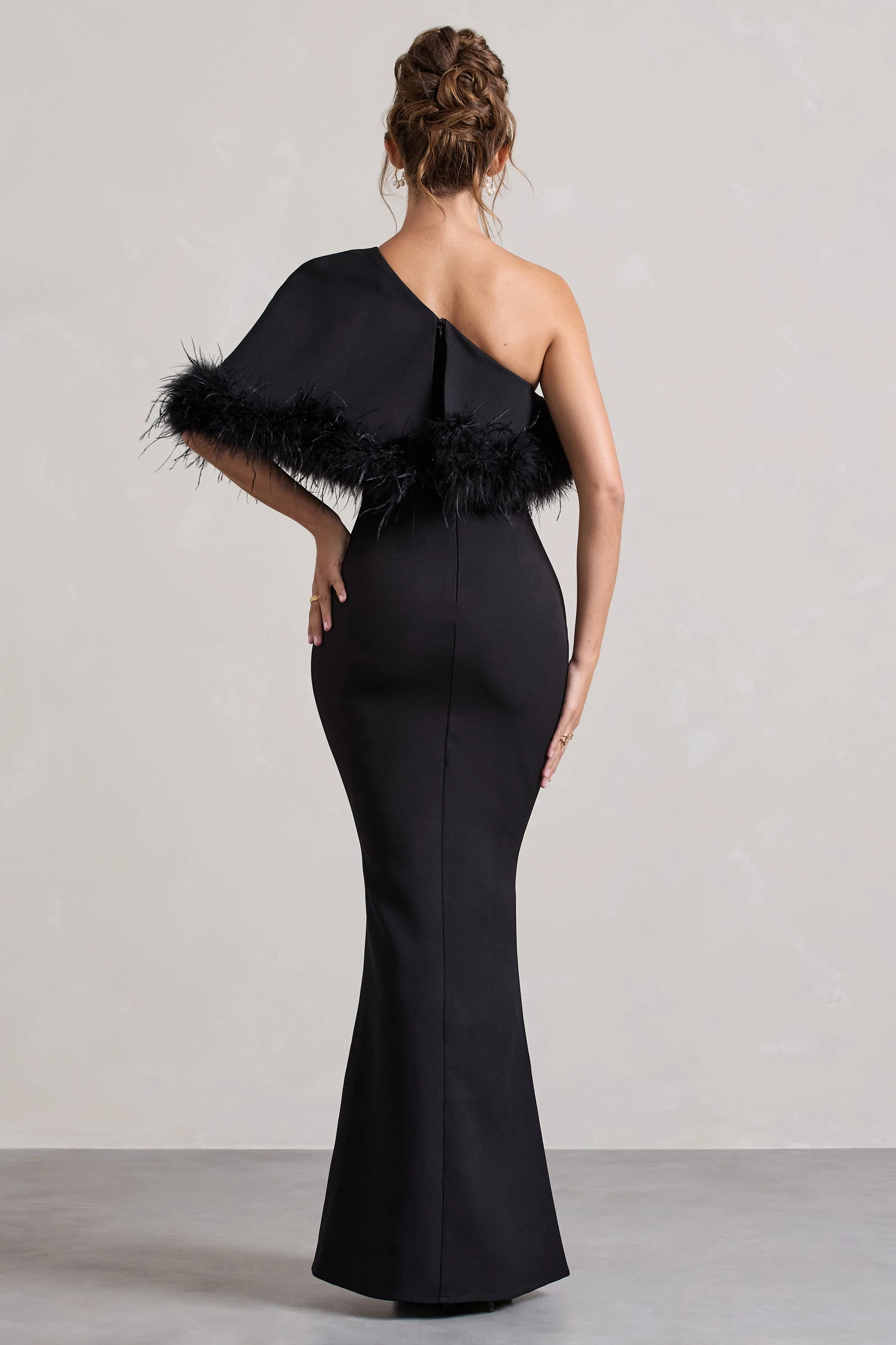 Valor | Black Asymmetric Maxi Dress With Feather Trim - Image 2