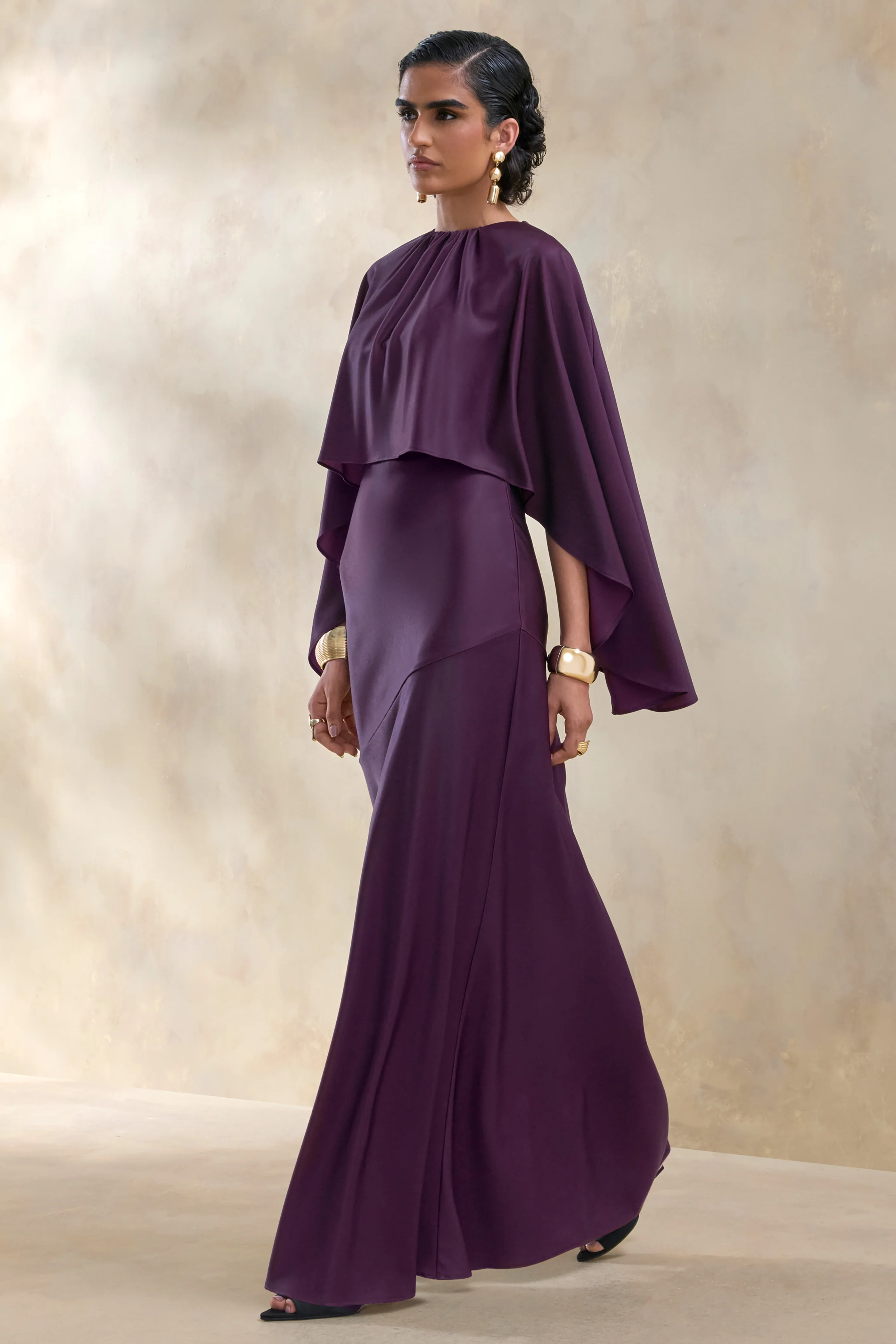 Vanthea | Dark Plum Satin Round-Neck Maxi Dress With Cape-Sleeves - Image 4