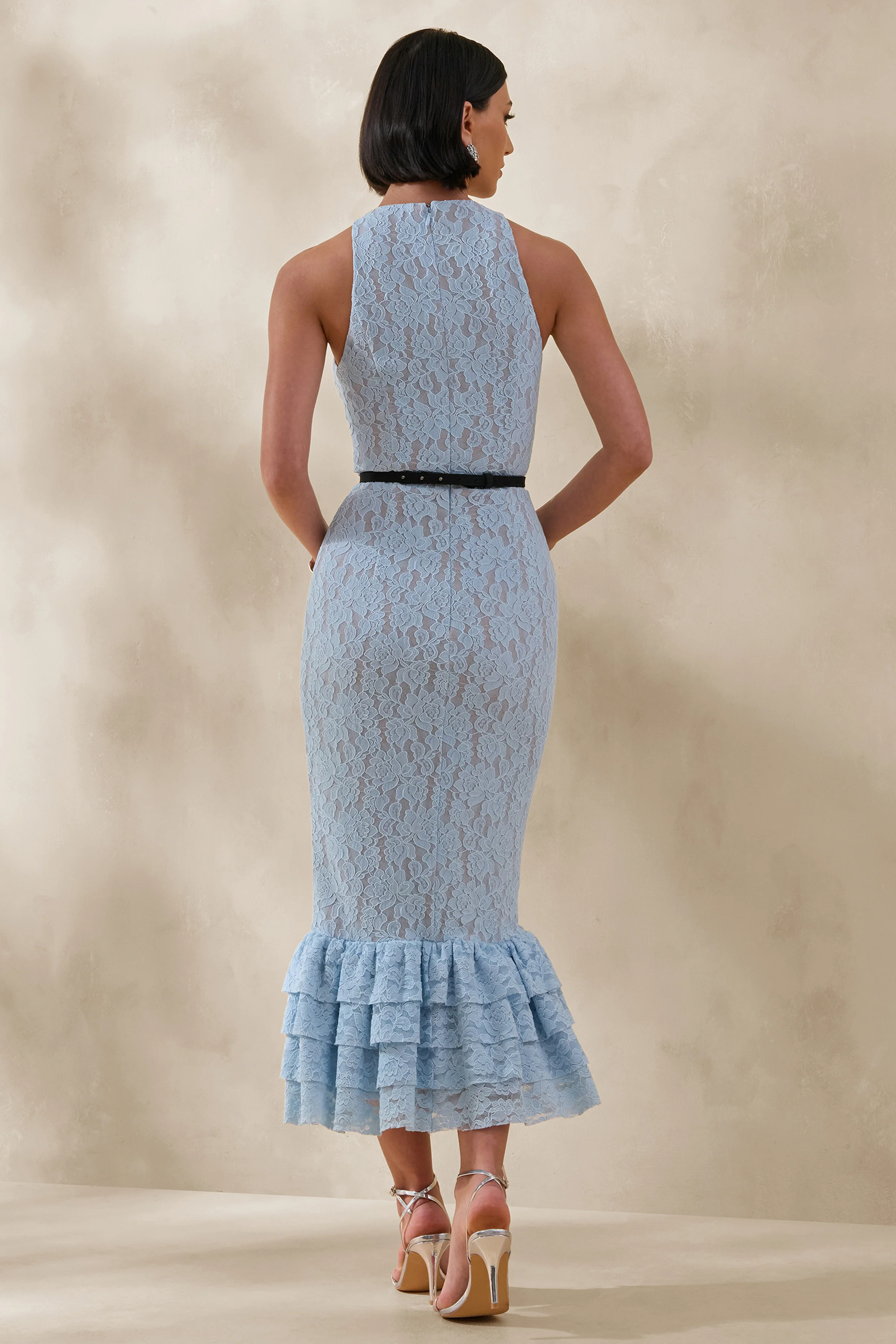 Vionna | Blue Lace High-Neck Midi Dress With Bow-Belt Detail - Image 2