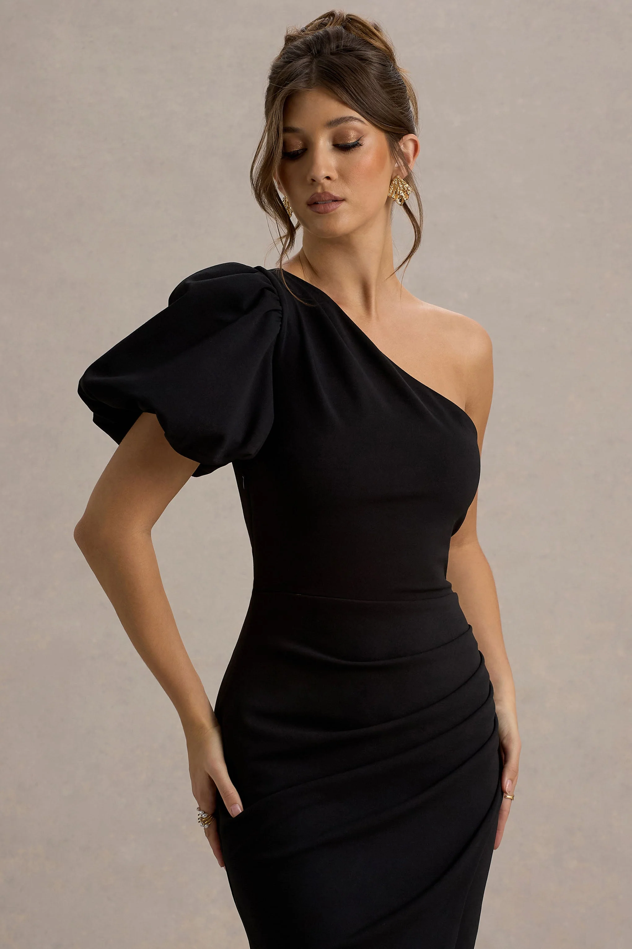 Vittoria | Black Asymmetric Puff-Sleeve Split Maxi Dress - Image 3