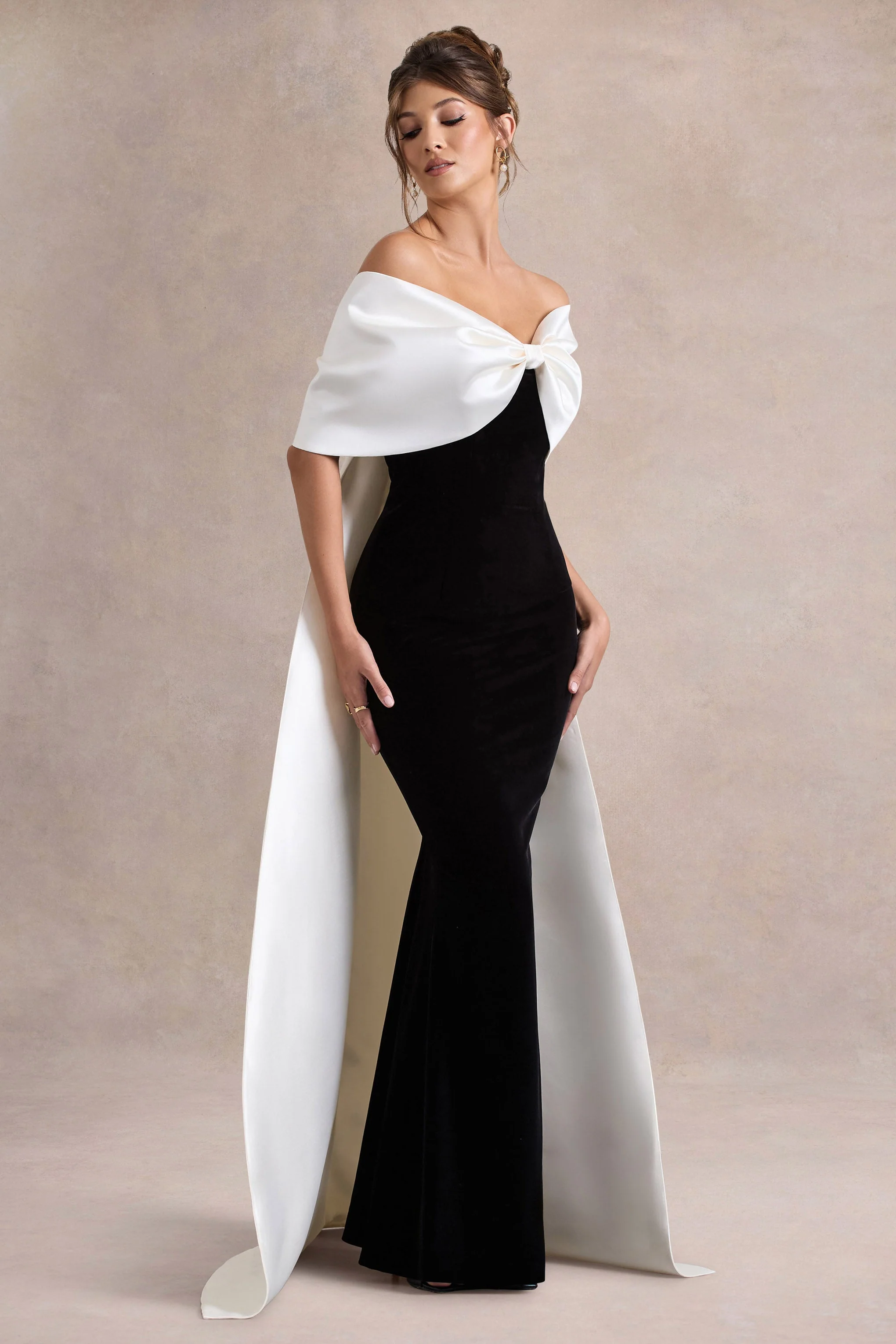 Wanting More | Black & White Satin Cape Maxi Dress With Oversized Bow - Image 6