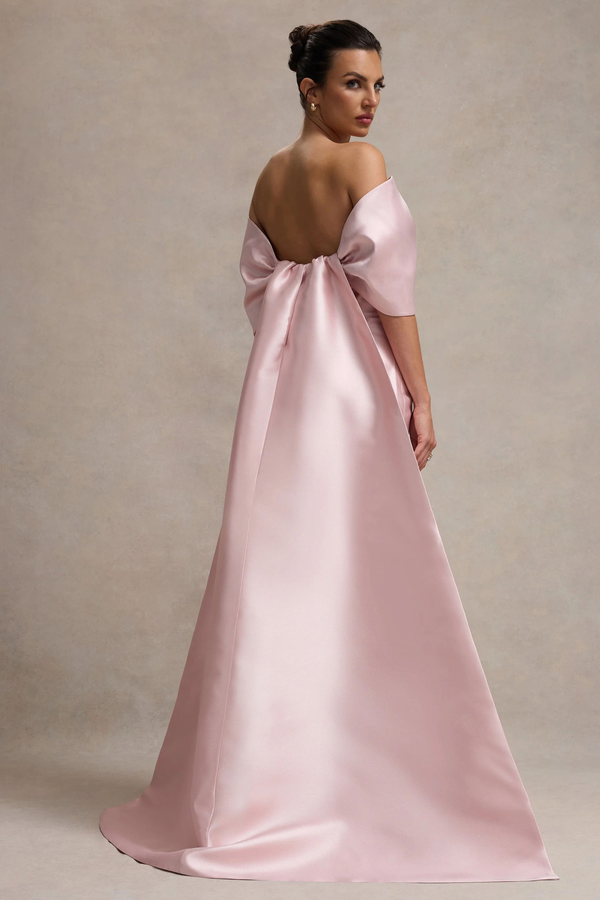 Wanting More | Pink Satin Cape Maxi Dress With Oversized Bow - Image 2
