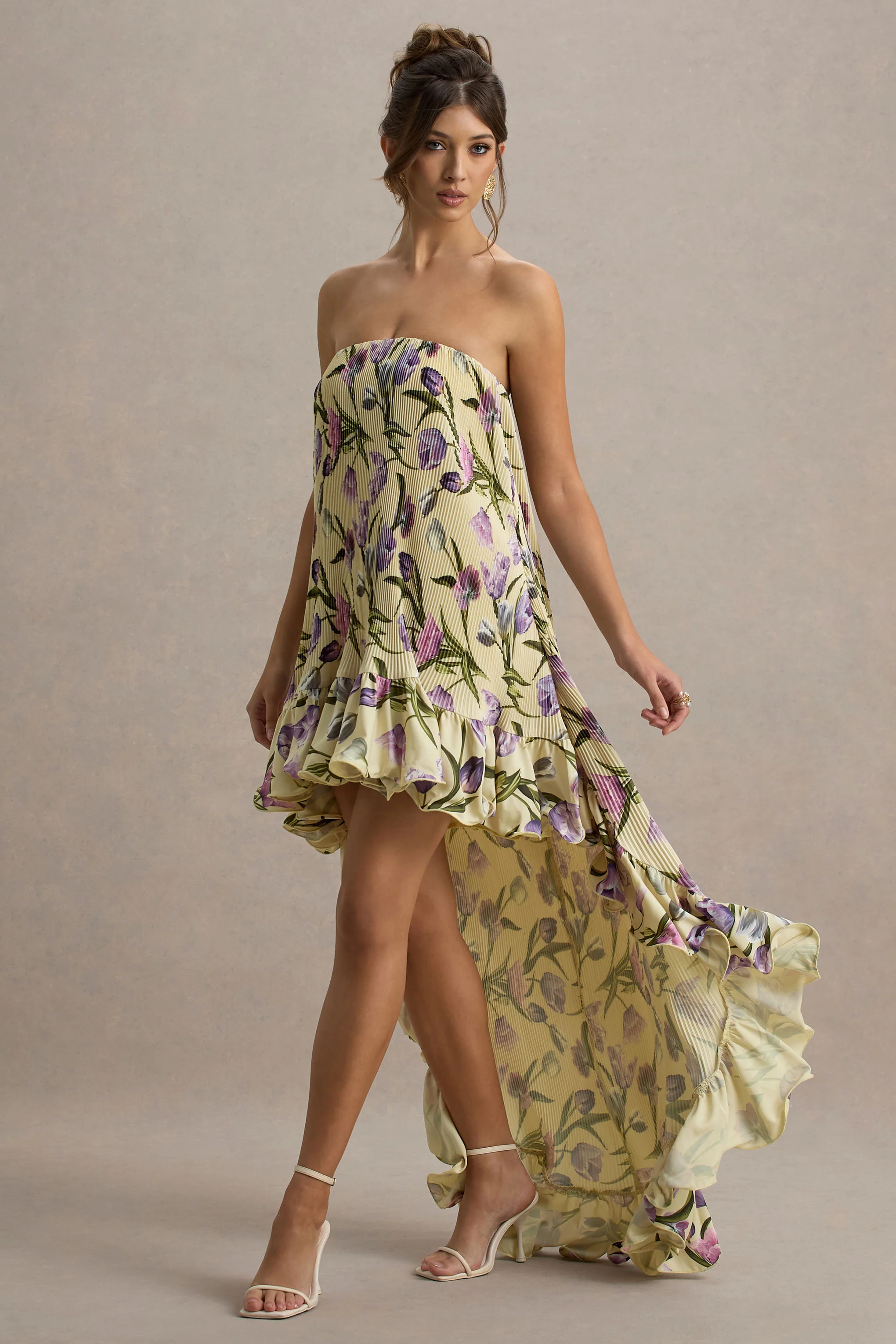 Whistler | Tulip Floral Print Chiffon Bandeau High-Low Ruffled Maxi Dress - Image 2