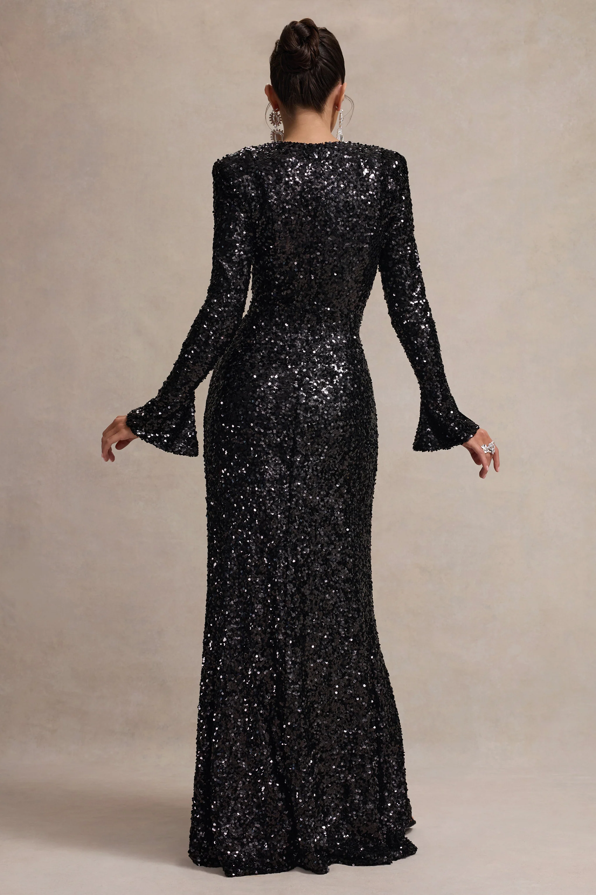 Wild Dream | Black Sequin Plunge-Neck Ruffle Split Maxi Dress - Image 2