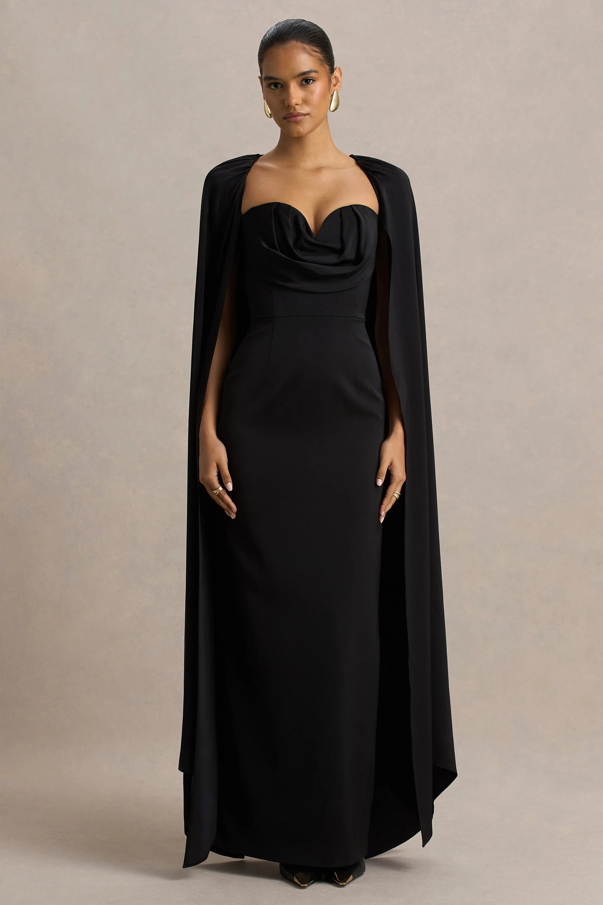 Wren | Black Satin Sweetheart-Neck Maxi Dress With Cape Sleeves - Image 5