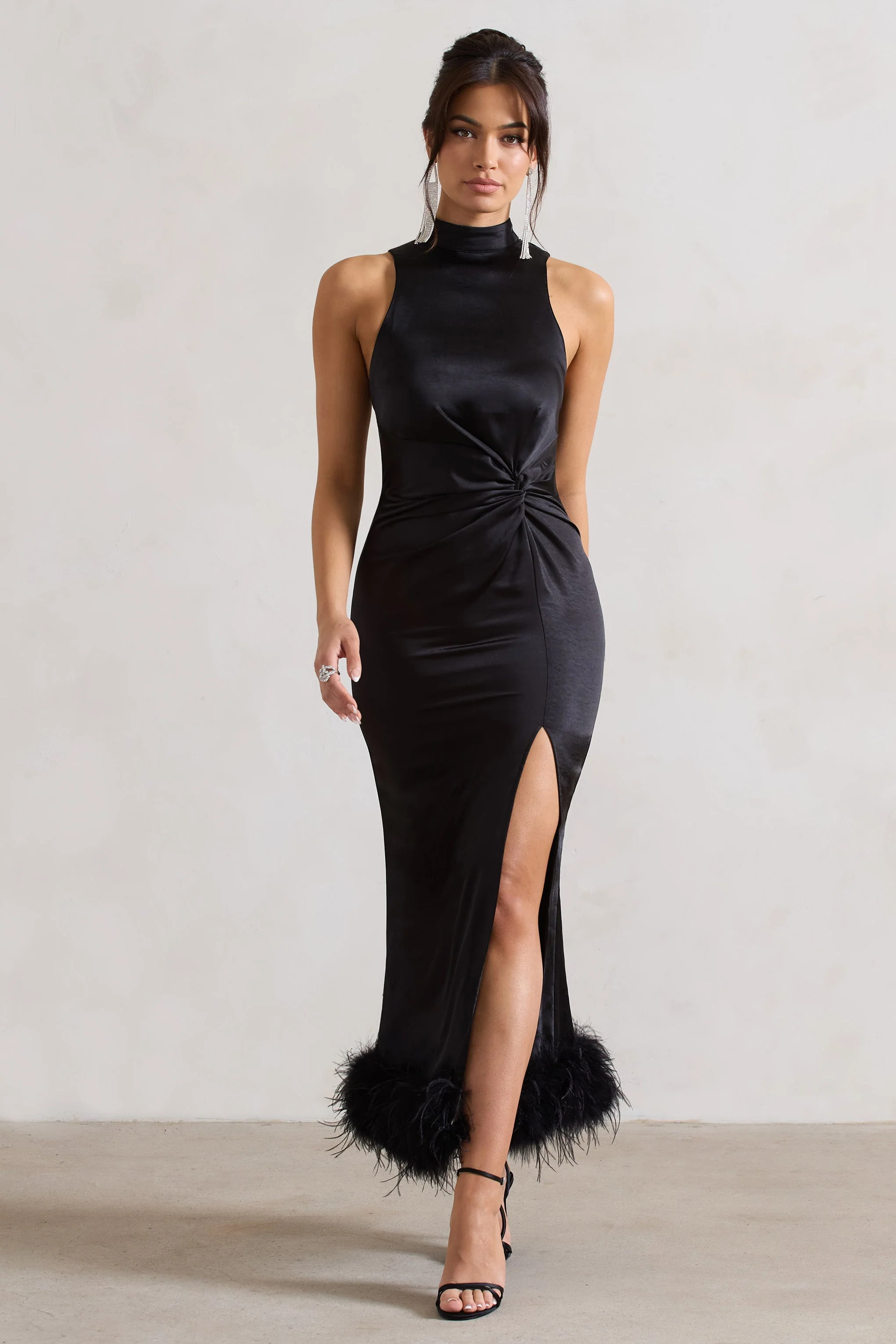 Zoe | Black Satin Twist Split Maxi Dress With Feather Trim - Image 4
