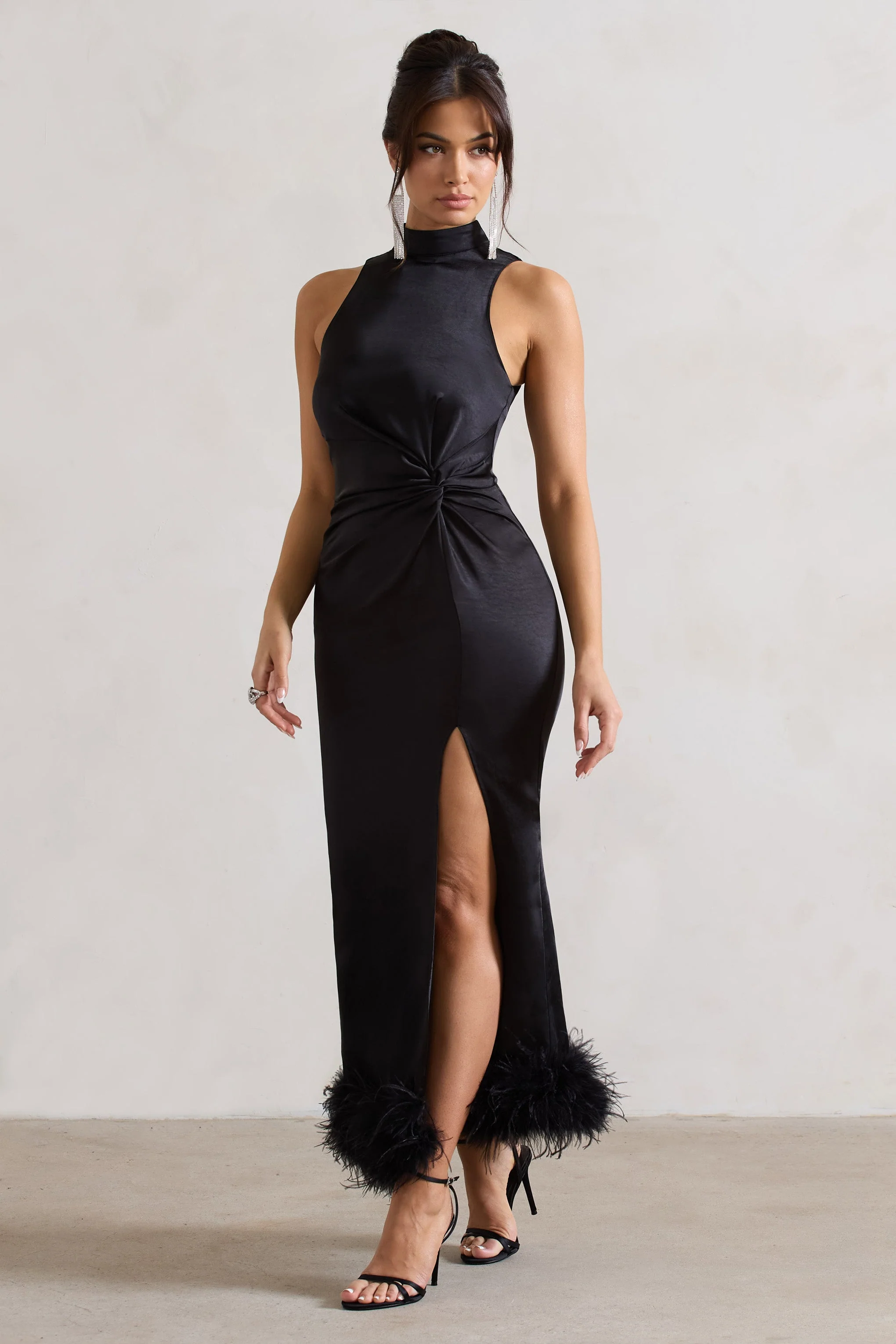 Zoe | Black Satin Twist Split Maxi Dress With Feather Trim - Image 5